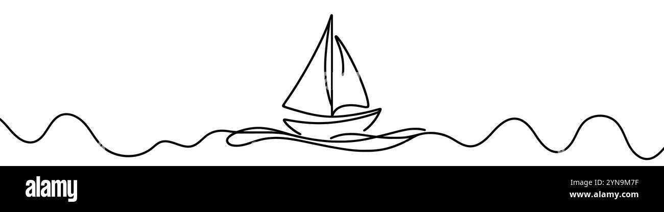 Une illustration en ligne continue d'un yacht naviguant, isolé sur fond blanc. Dessin au trait d'un yacht naviguant Illustration de Vecteur