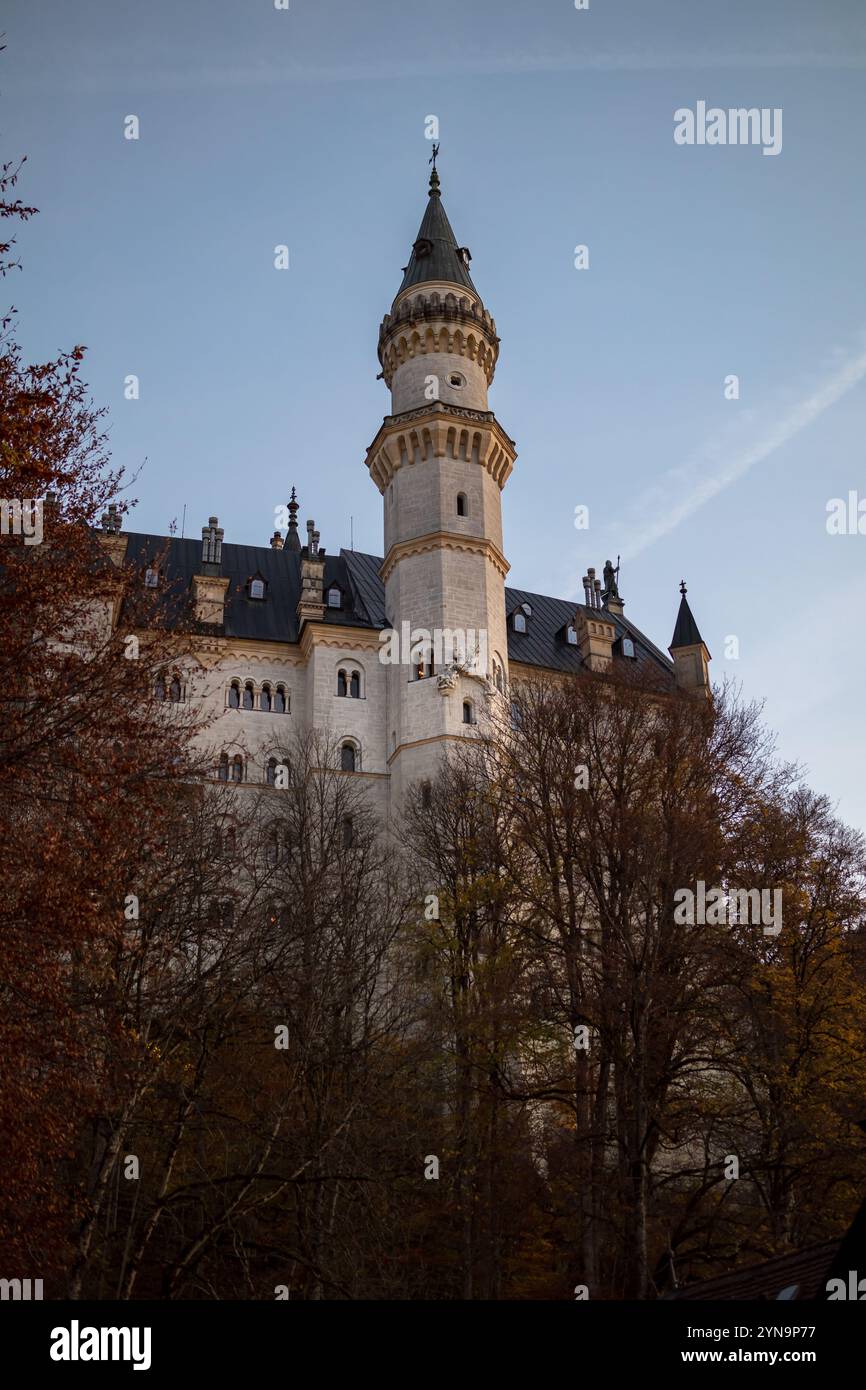 Vue sur le château de Neuschwanstein, palais historique romantique du XIXe siècle sur une colline escarpée des contreforts des Alpes, Schwangau. Banque D'Images