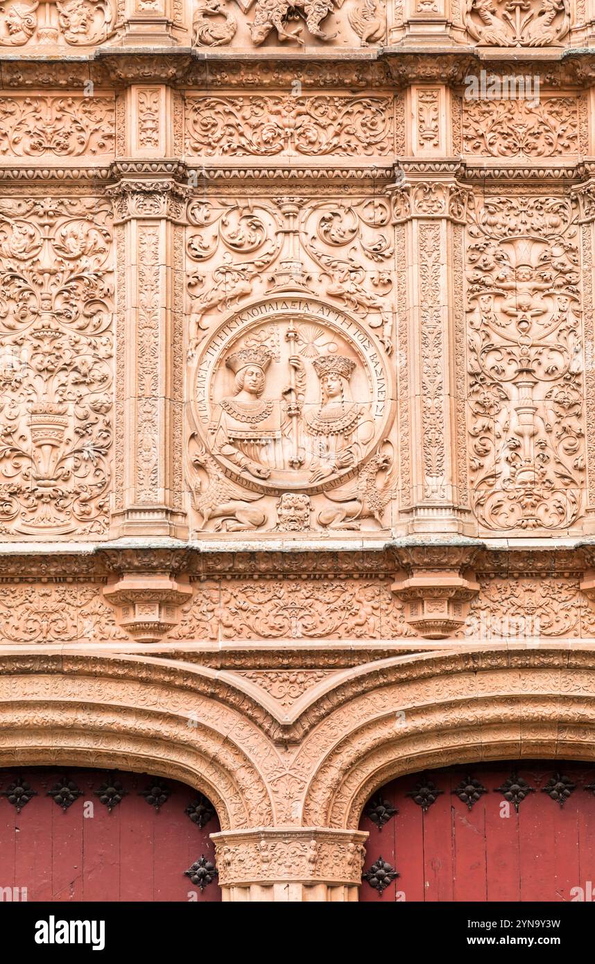 La façade élaborée présente des sculptures en pierre détaillées, mettant en valeur le patrimoine artistique de l'Universidad de Salamanca. Banque D'Images