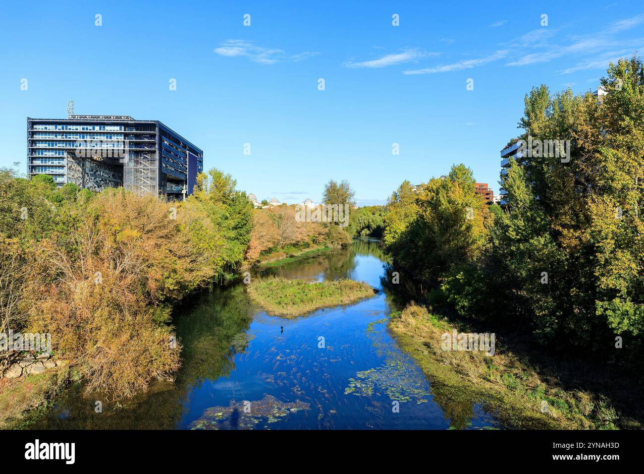 France, Hérault (34), Montpellier, quartier de Port Marianne, Hotel de ville concu par les architectes Jean nouvel et Francois Fontes, parc d'Armenie, fleuve le Lez Banque D'Images