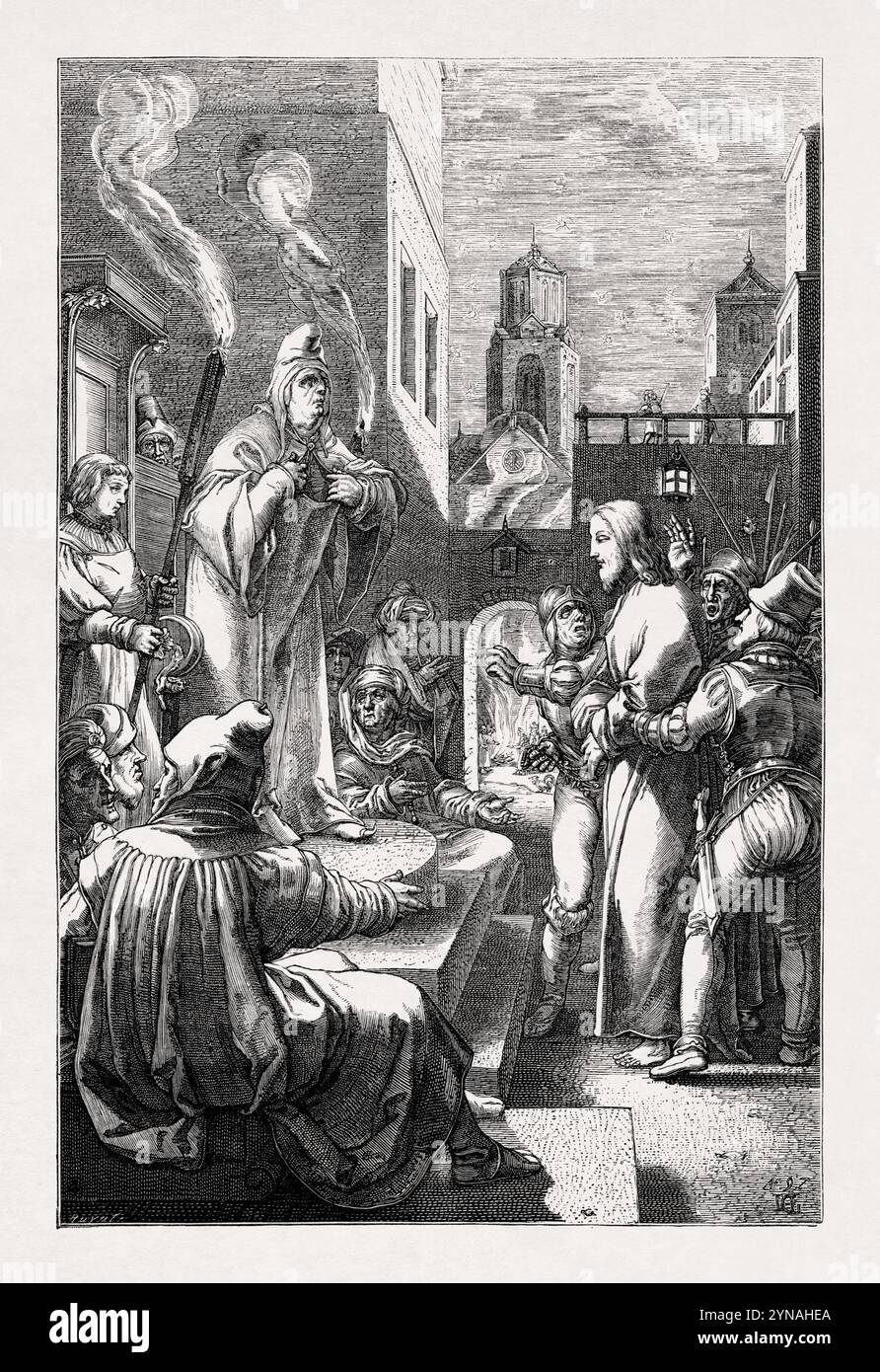 Gravure du XVIe siècle par Hendrick Goltzius représentant le Christ devant le Grand prêtre Caiaphas. Banque D'Images