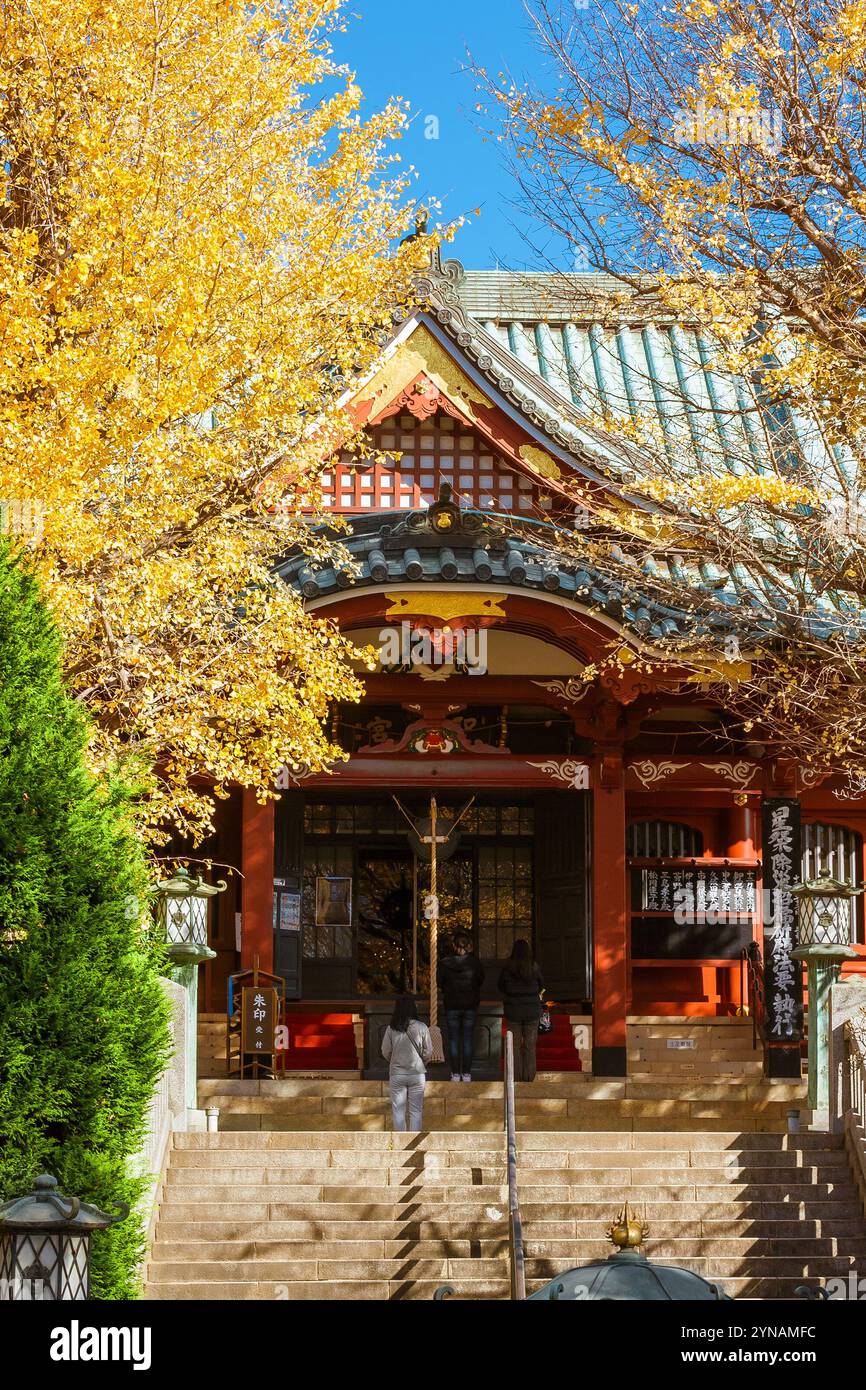 Automne à Tokyo. Les Japonais prient au temple bouddhiste Matsuchiyama Shoden avec des feuilles jaunes de ginkgo Banque D'Images