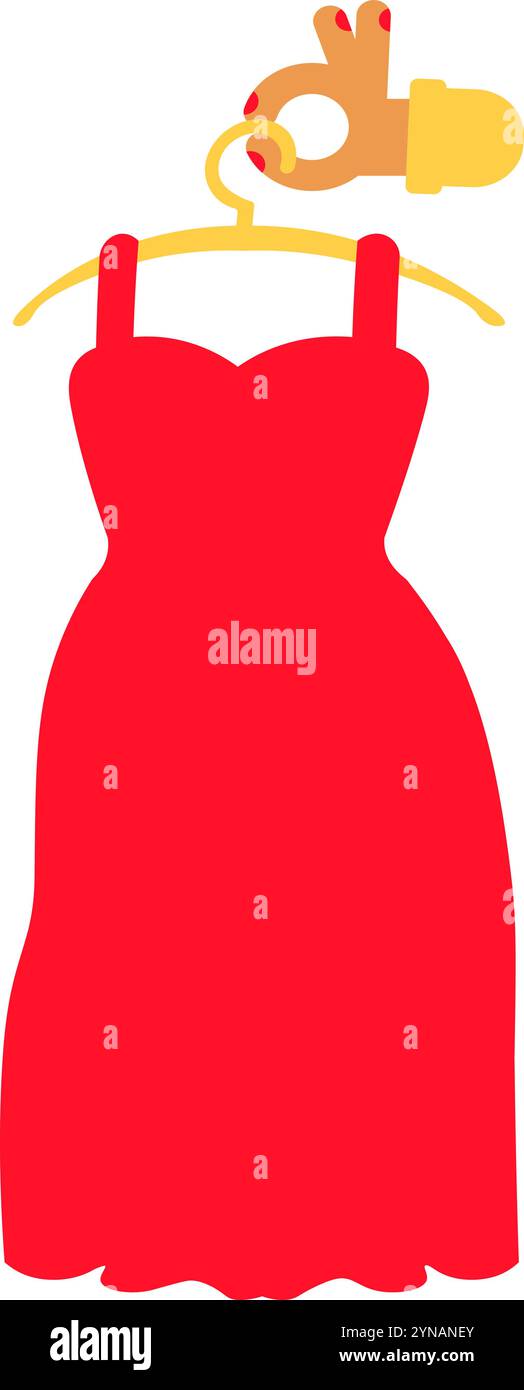 Main de créateur de mode tenant élégante robe rouge suspendue sur cintre. Tradition de confection. Image pour la conception des traditions culturelles des pays. Simple f Illustration de Vecteur
