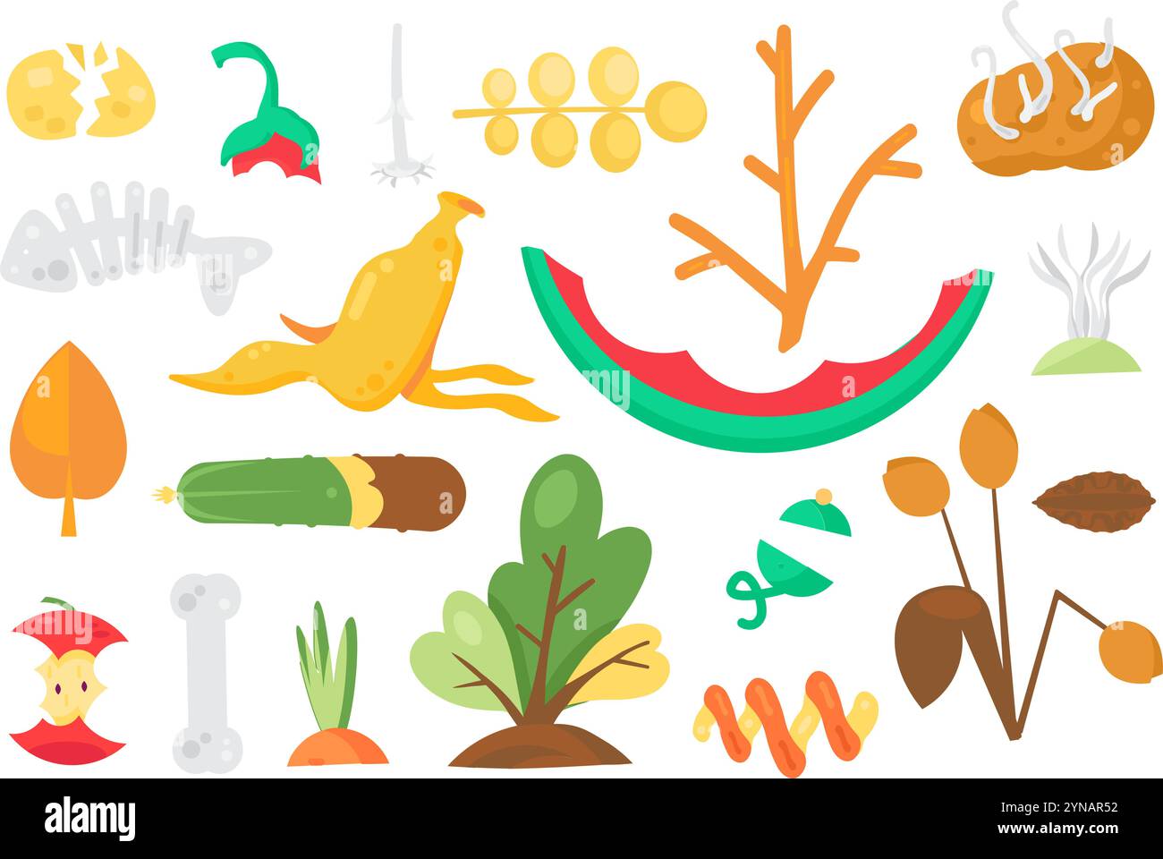 Kit de déchets alimentaires organiques, restes de repas. Élimination des ordures ménagères. Écorce de banane, écorce de pastèque, déchets de légumes, pommes de terre germées, noyau de pomme, viande Illustration de Vecteur