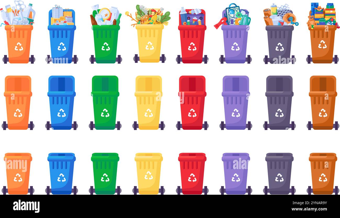 Collecte de conteneurs de différentes couleurs pour trier différents types de déchets ménagers et industriels. Bacs fermés, ouverts, vides, remplis avec REC Illustration de Vecteur