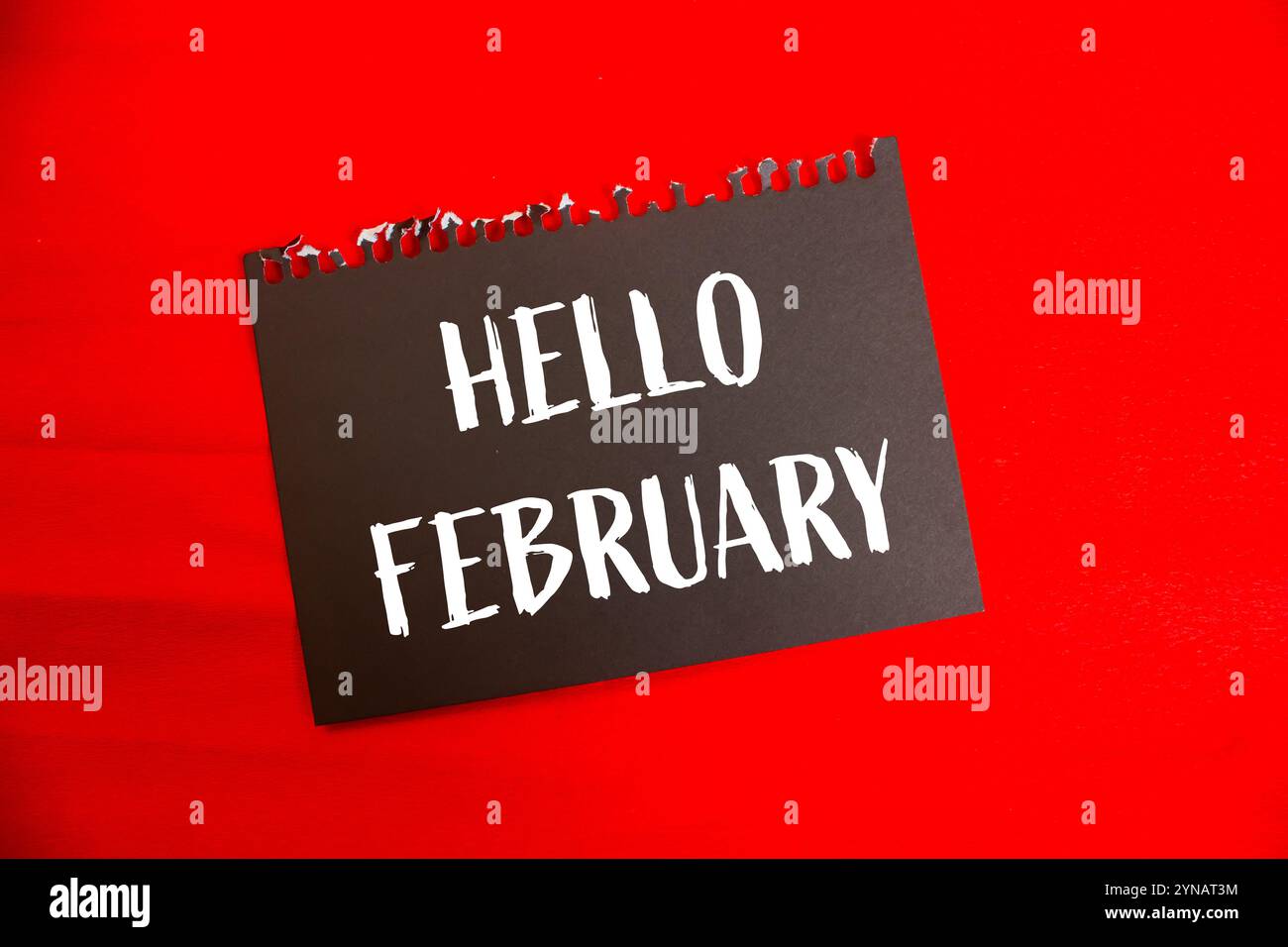 Bonjour février message écrit sur papier noir avec fond rouge. Symbole conceptuel bonjour février. Copier l'espace. Banque D'Images