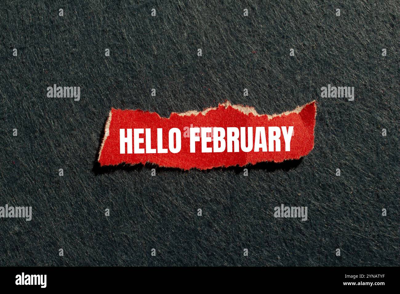 Bonjour février message écrit sur un morceau de papier rouge déchiré déchiré avec fond gris. Symbole conceptuel bonjour février. Copier l'espace. Banque D'Images