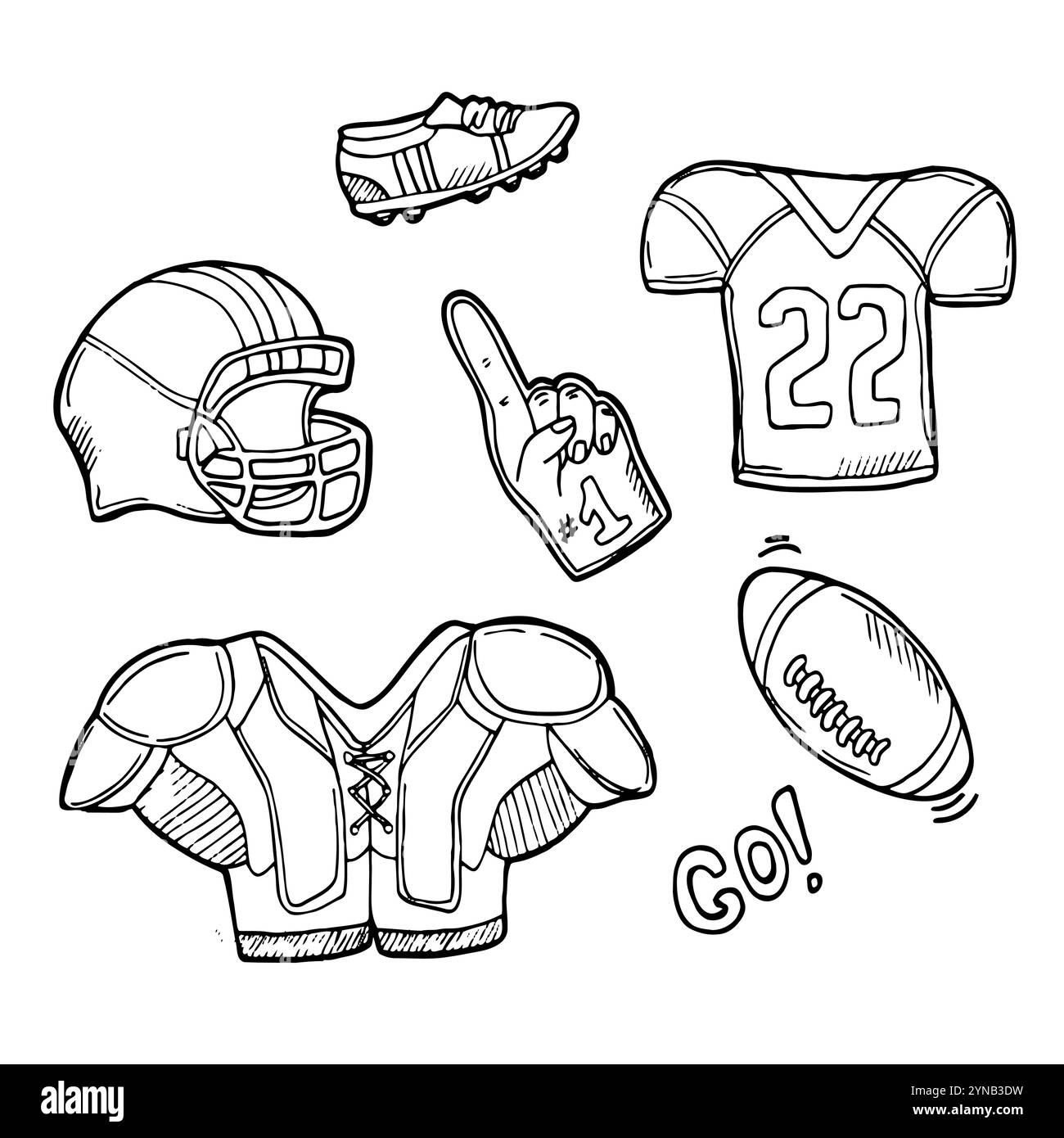 Équipements de football et de rugby Doodle Vector. American football Icons Sketch Isolated Illustration de Vecteur
