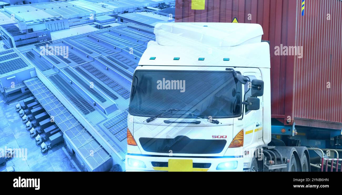 Transport et logistique par camion de marchandises. Logistique industrielle et centre de distribution. Logistique livraison et transport. Hub logistique industriel. Banque D'Images