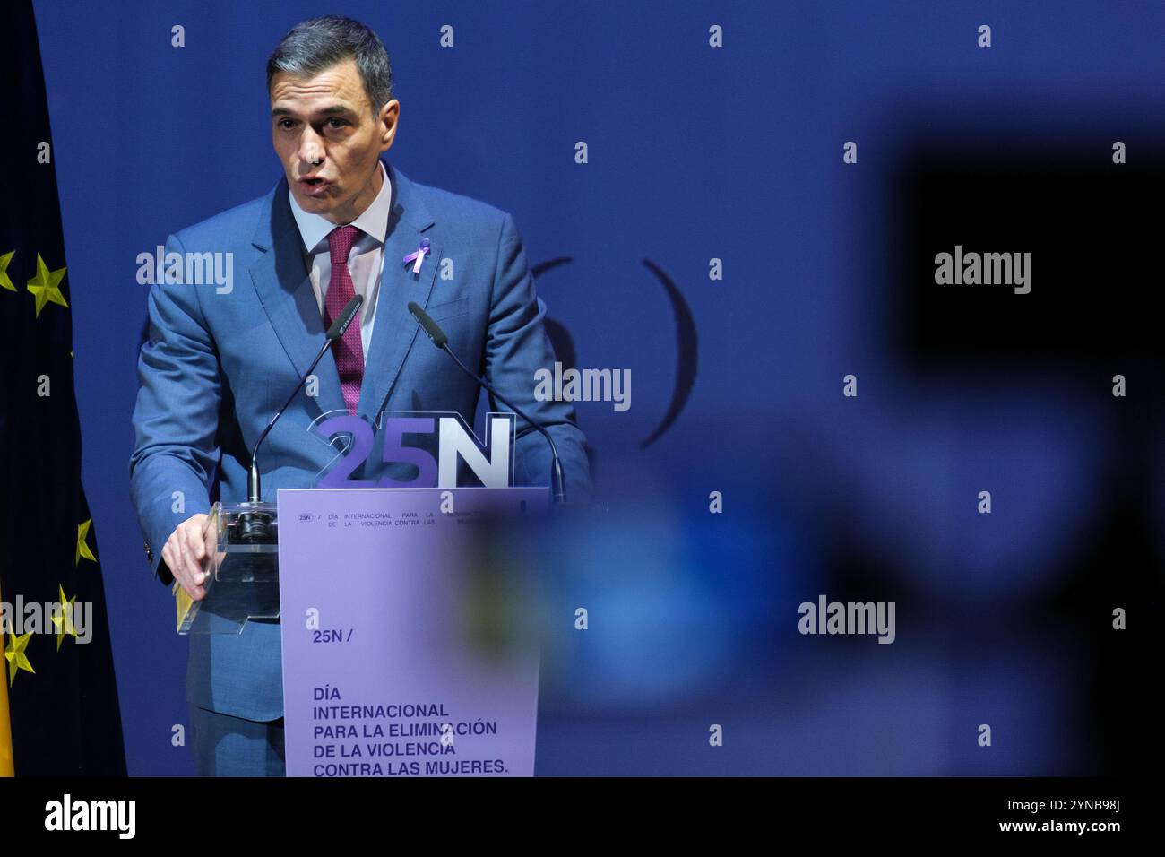 Le Président du Gouvernement, Pedro Sanchez lors d'une cérémonie de la Journée internationale pour l'élimination de la violence à l'égard des femmes, au Teatr Banque D'Images