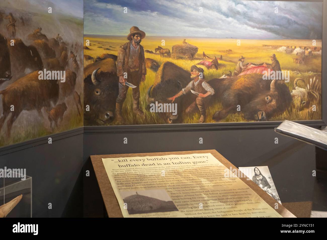 Woodward, Oklahoma - Musée des Indiens et des pionniers des Plaines. Le texte accompagnant une peinture de chasseurs de bisons explique que tuer le bison était Banque D'Images
