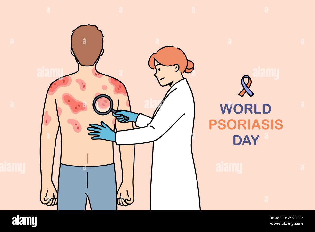 Inscription de la journée mondiale du psoriasis près du médecin examinant un patient atteint d'eczéma au dos. Bannière médicale avec l'homme souffrant de psoriasis au rendez-vous avec dermatologue féminin en manteau blanc Illustration de Vecteur