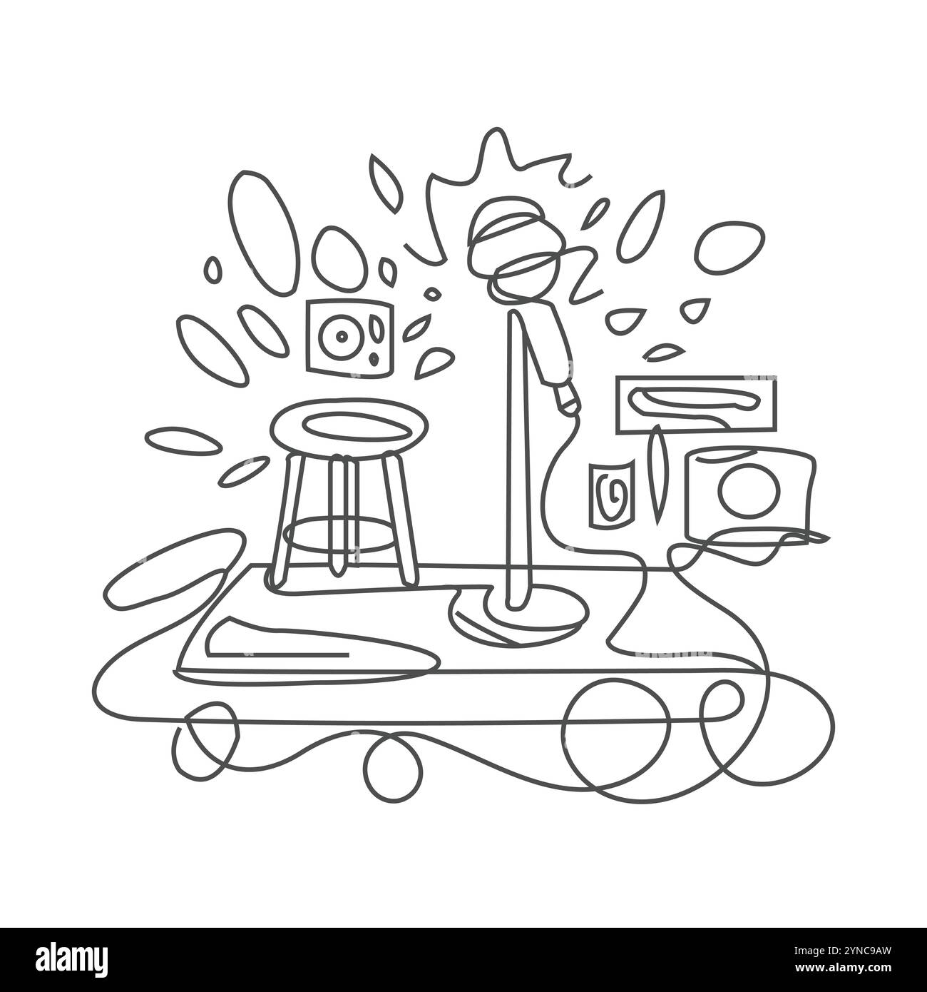 Microphone de dessin de ligne continue unique et tabouret sur scène de comédie debout. Équipement à la discothèque ou au bar pour un spectacle de comédien stand-up. Musique s Illustration de Vecteur