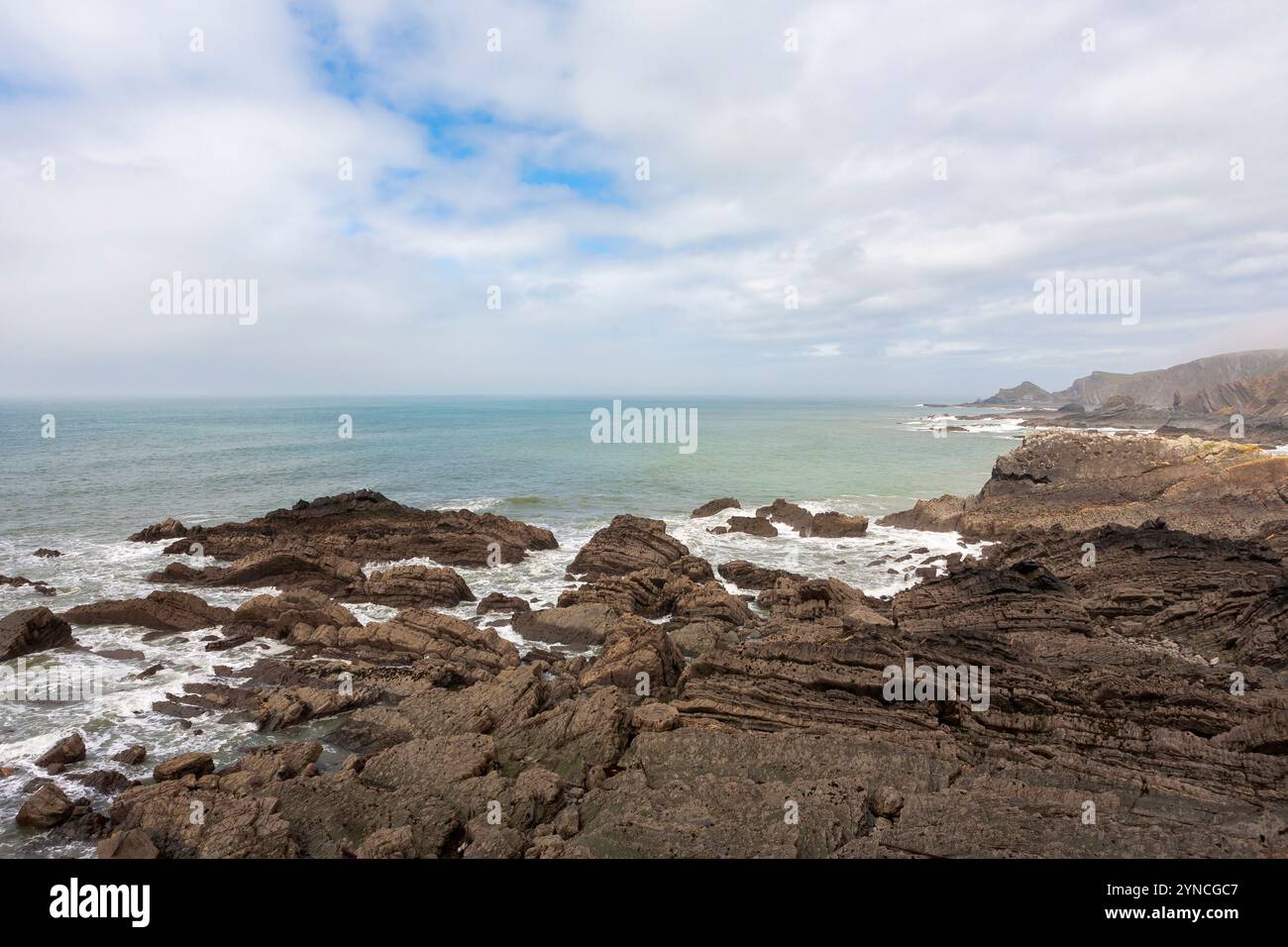 Marée basse à Hartland Quay, regardant vers le nord le long de la côte du Devon, Royaume-Uni Banque D'Images