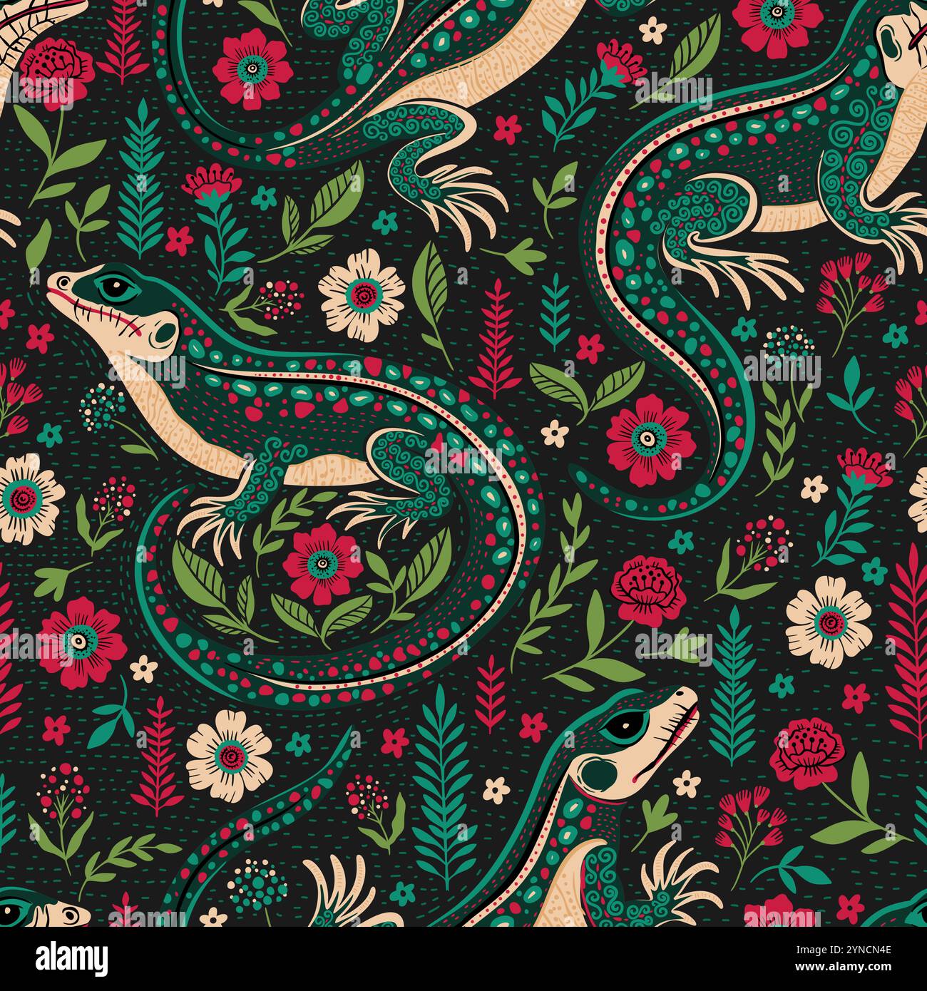 Lézards forestiers magiques et mystiques cachés parmi des fleurs complexes, conçus dans un style Art déco détaillé avec un fond sombre et mystérieux, parfait pour ajouter une touche enchanteresse inspirée de la nature Illustration de Vecteur