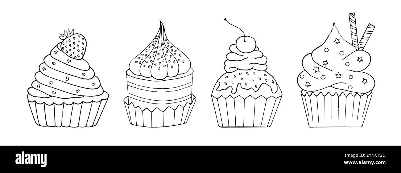 Ensemble de petits gâteaux à griffonner mignon. Cupcakes dessinés à la main Illustration de Vecteur