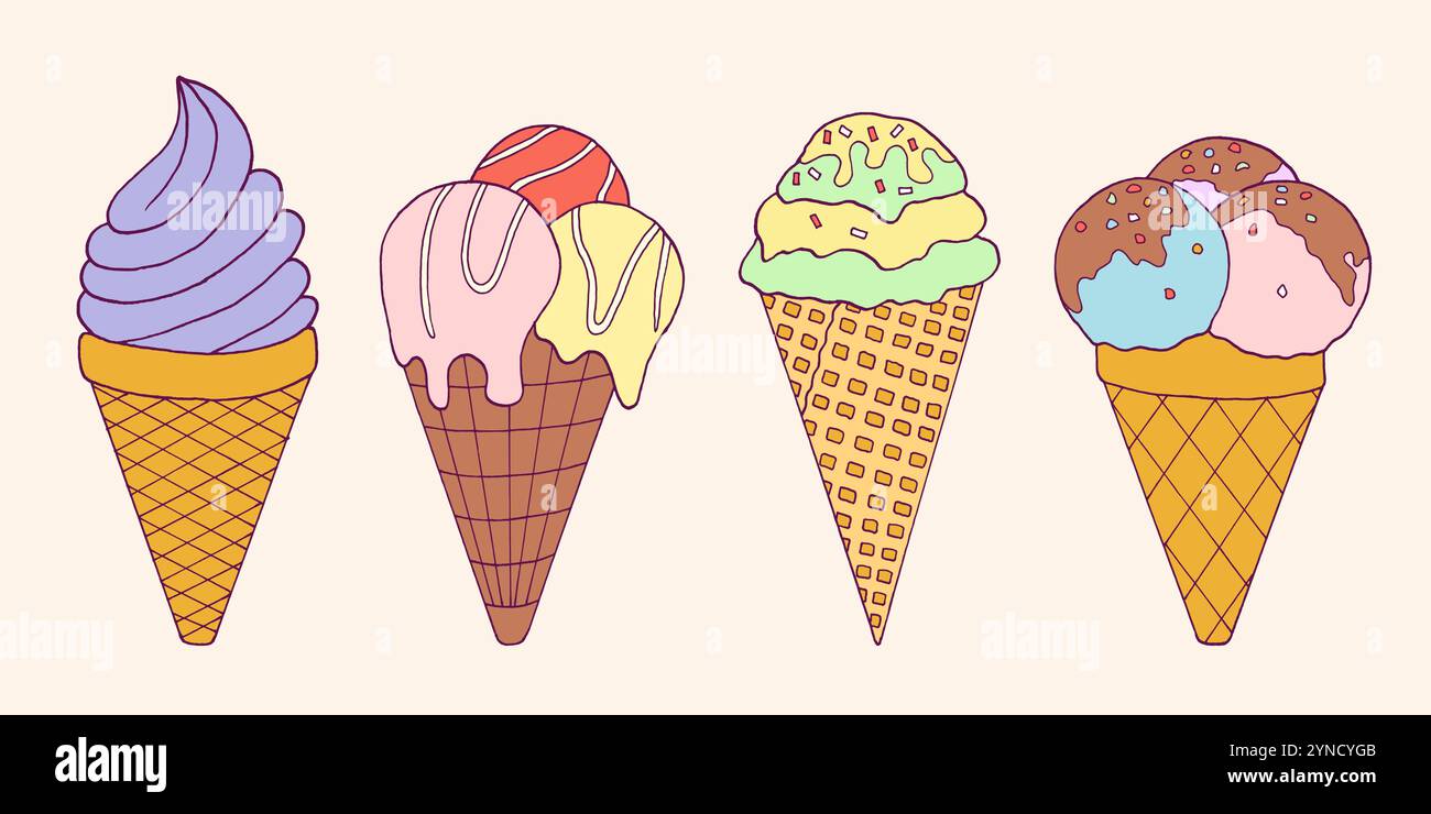 Collection de crème glacée Doodle. Style puéril dessiné à la main de bonbons mignons Illustration de Vecteur
