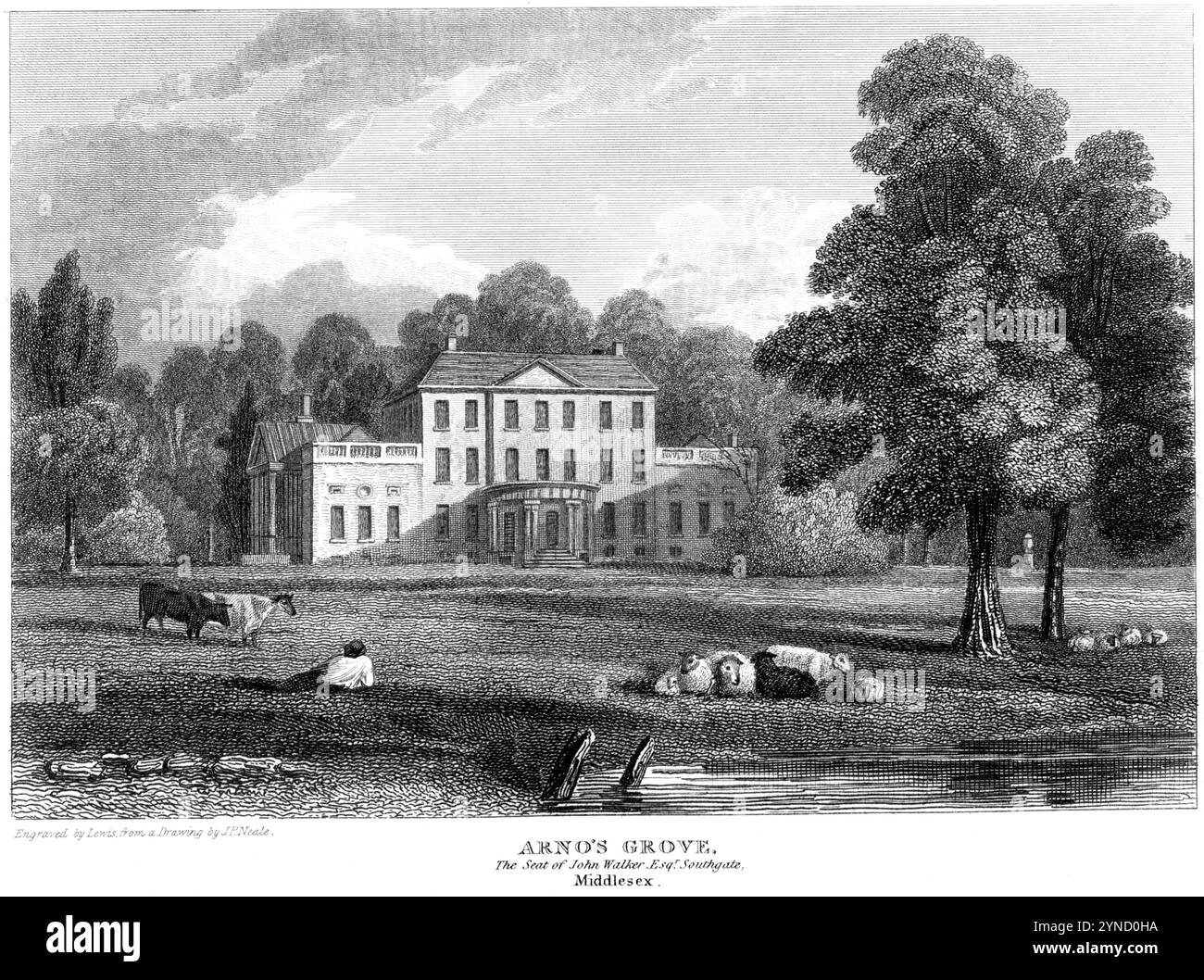 Gravure d'Arno's Grove, siège de John Walker Esq. Southgate, Middlesex, Angleterre Royaume-Uni numérisé à haute résolution à partir d'un livre publié vers 1815. Banque D'Images