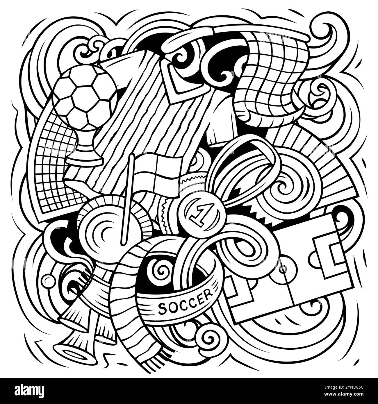 Dessin animé vectoriel de dessins de football illustration.Dessin au trait, détaillé, avec beaucoup d'arrière-plan d'objets.Tous les objets sont séparés.Football image drôle Illustration de Vecteur