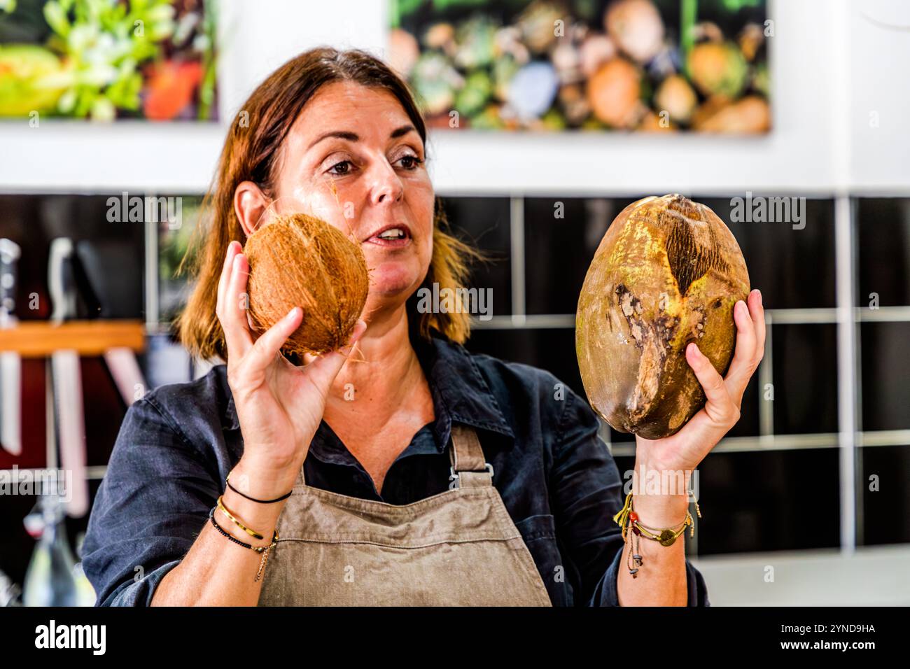 Atelier de cuisine caribéenne avec le chef Helmi Smeulders. La noix de coco dans divers états de maturité. Djonora Marthaweg, Kòrsou, Curaçao, Curaçao Banque D'Images