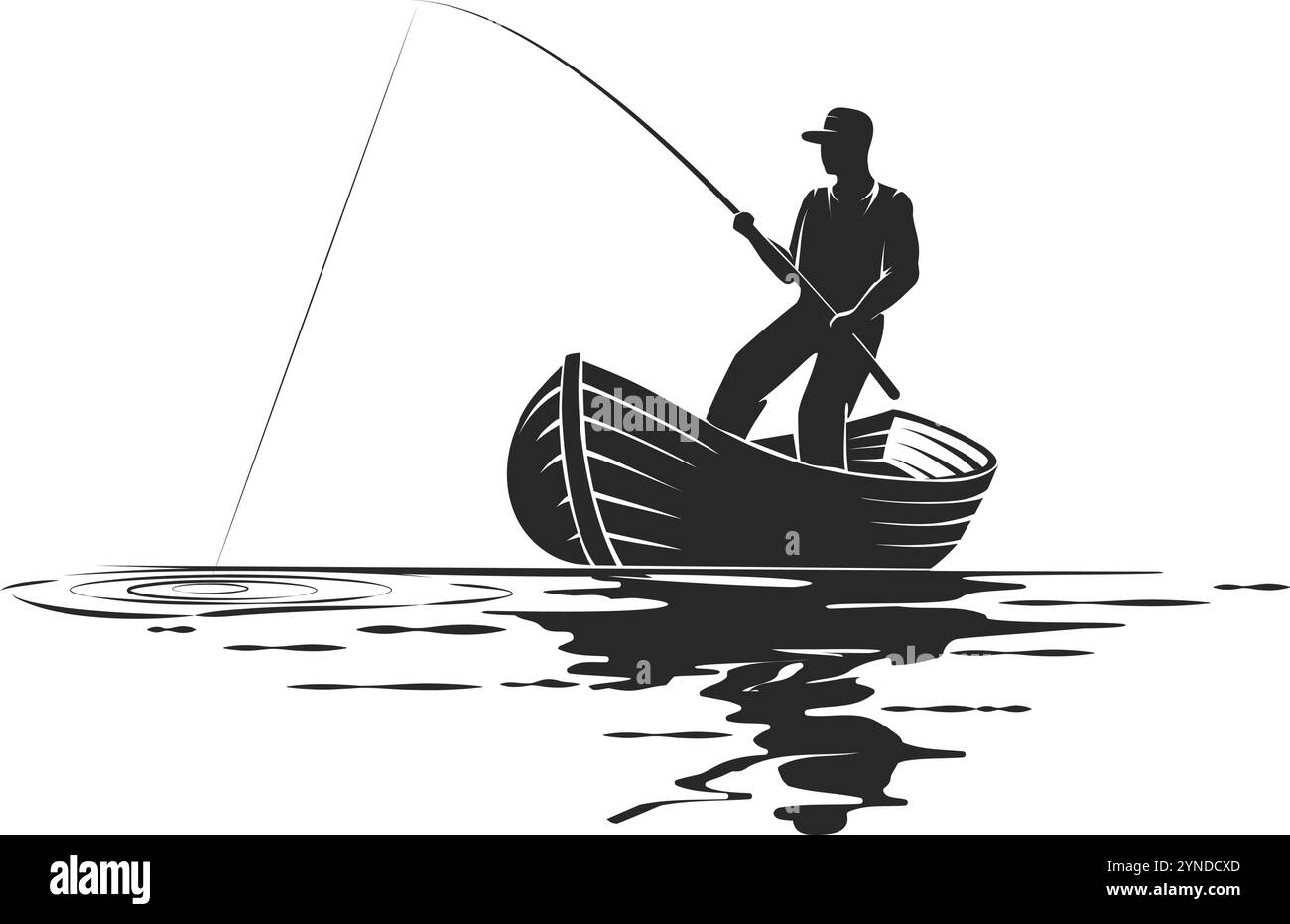 Silhouette de pêcheur avec tige filante Illustration de Vecteur