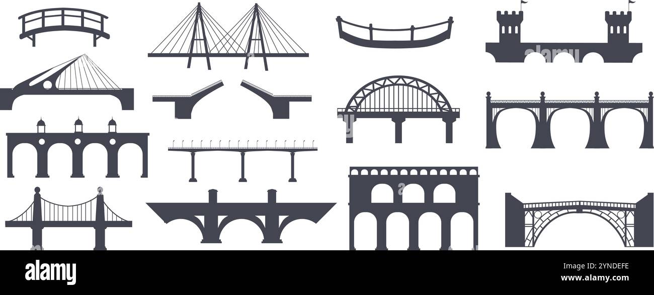 Silhouettes de ponts de rivière. Logo de silhouette noire de pont de ville antique ou moderne, connexion de transport ferroviaire de colonne de construction de suspension arquée, illustration vectorielle soignée illustration originale Illustration de Vecteur