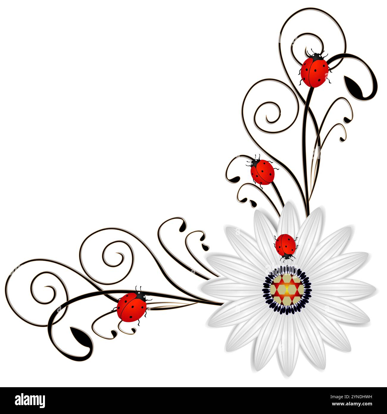 Coin avec Marguerite abstraite une coccinelle rouge sur un fond blanc. Illustration de Vecteur