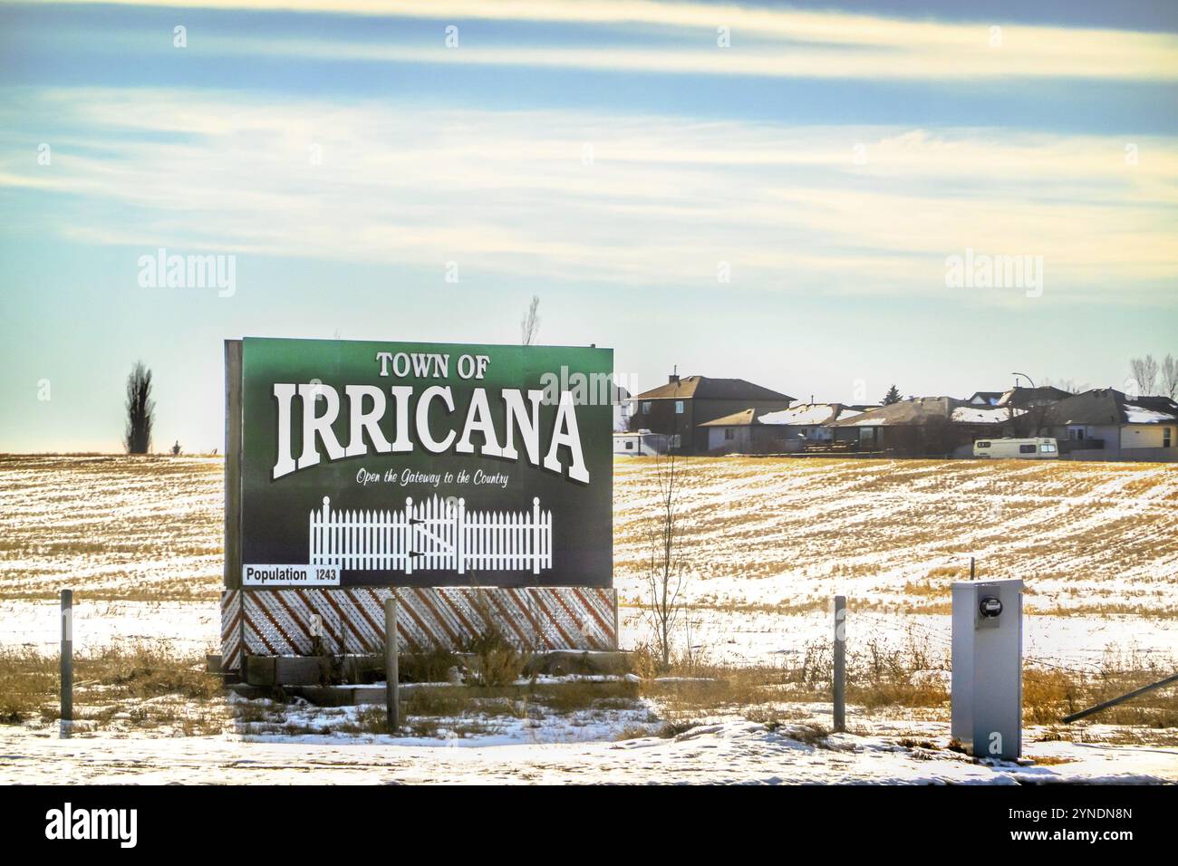 Irricana, Alberta, Canada. 19 février 2024. Irricana signe de bienvenue dans une ville de la région métropolitaine de Calgary en Alberta, Canada, Amérique du Nord Banque D'Images