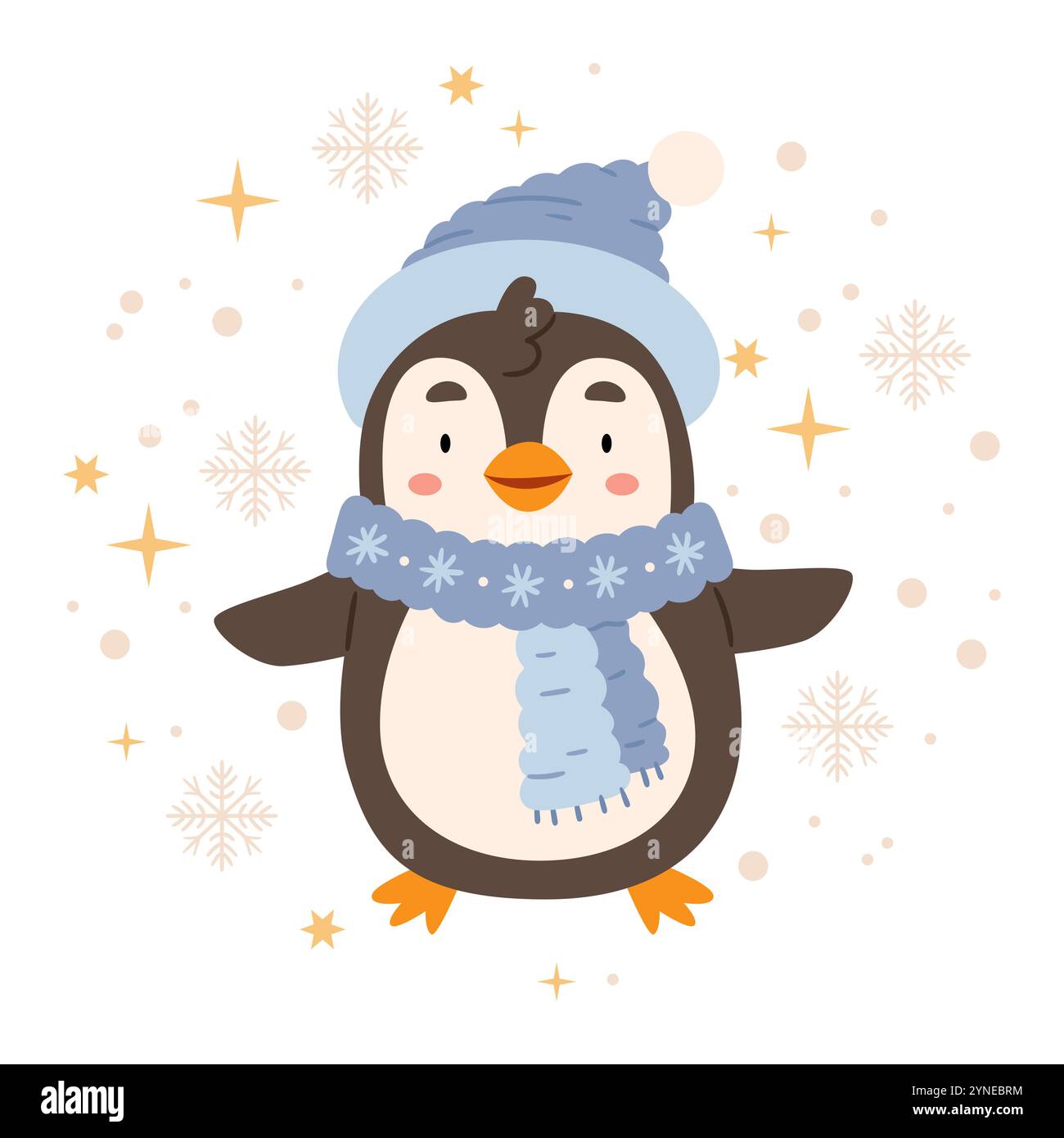 Un pingouin mignon dans le style scandinave dans les vêtements d'hiver au milieu des flocons de neige et des étoiles. Illustration pour une carte, une impression ou une affiche Illustration de Vecteur