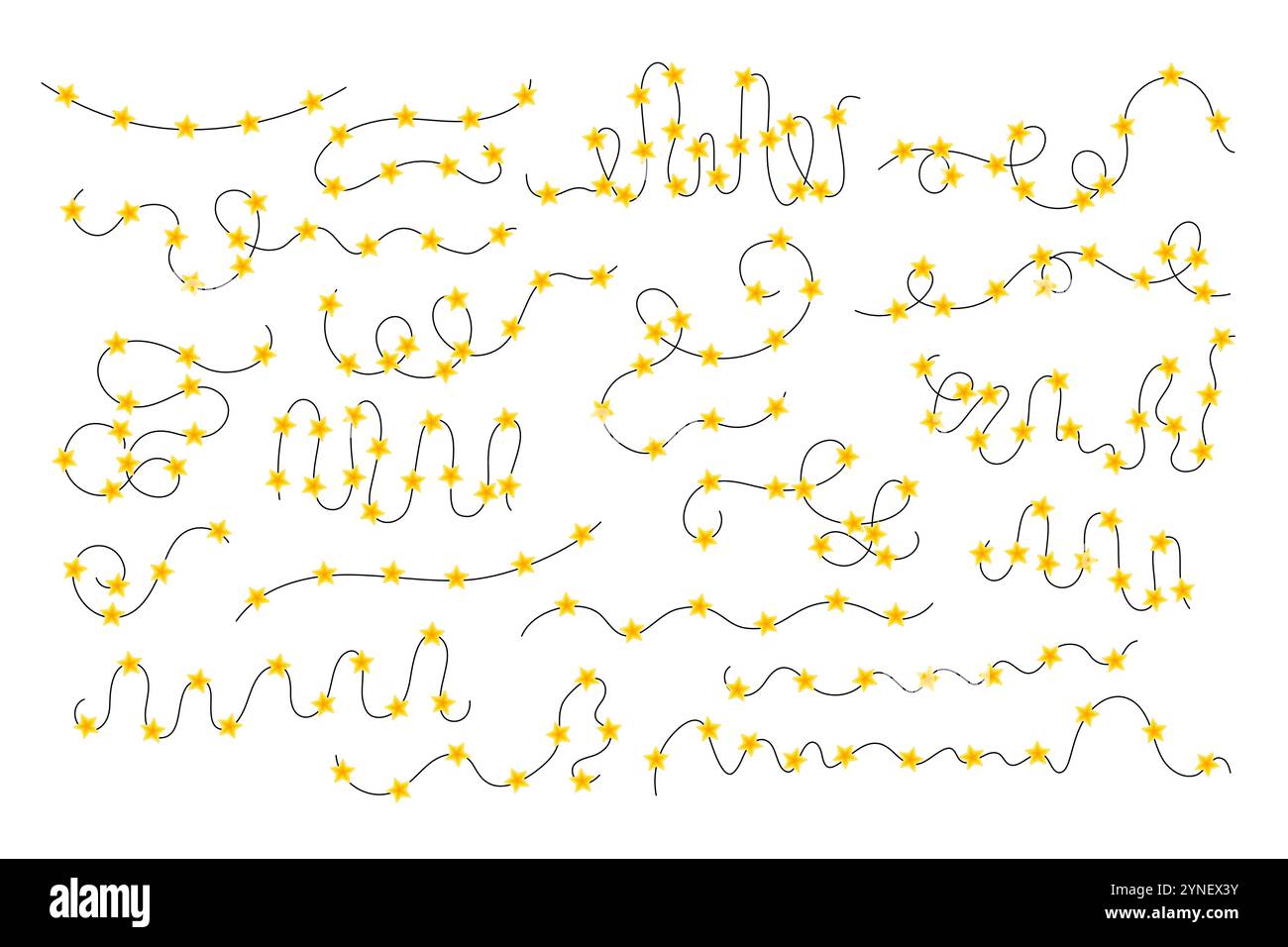 Ensemble de guirlandes bouclées sur le thème de Noël avec des lumières en forme d'étoile jaune vif, dessinées à la main dans un style gribouillé simple. Idéal pour le nouvel an, les vacances d'hiver, et Illustration de Vecteur