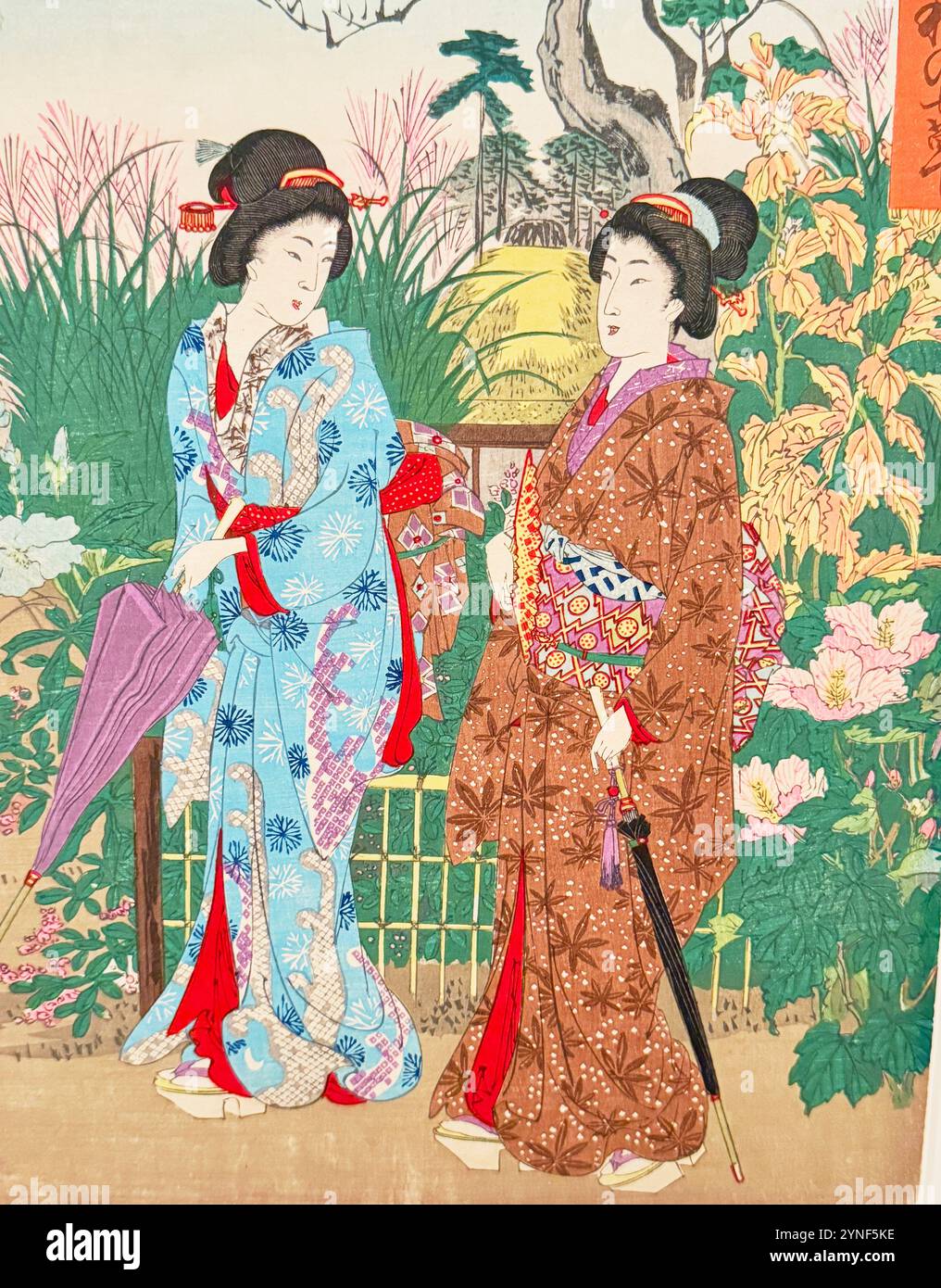 Les sept herbes de l'automne au jardin des cent fleurs de Shotei Watanabe. Un imprimé japonais gravé sur bois à la Légion d'honneur de San Francisco, CA. Banque D'Images