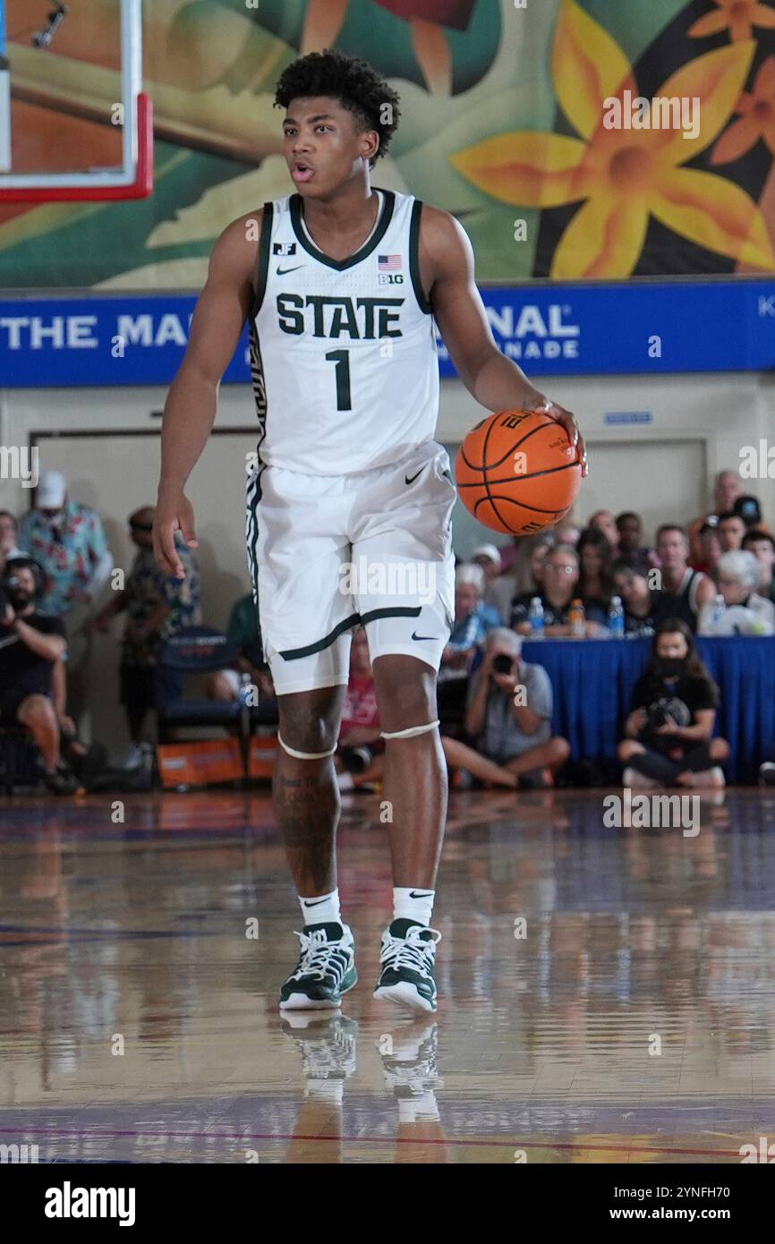 MAUI, HI - NOVEMBER 25: Michigan State Spartans guard Jeremy Fears Jr. (1) brings the ball up court against the Colorado Buffaloes in the first round of the Maui Invitational at the Lahaina Civic Center in Maui, Hawaii. (Photo by Brian Spurlock/Icon Sportswire) (Icon Sportswire via AP Images) Banque D'Images