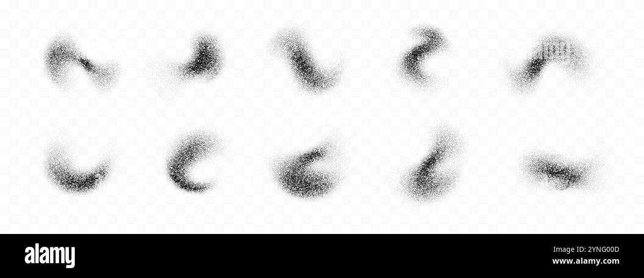 Collection éclaboussures de poudre noire. Ensemble de texture de pulvérisation de grain grunge. Paquet de taches de brosse incurvées à pointillés et bavures. Faisceau de recouvrement par éclaboussures de bruit de sable. Formes abstraites à gradient de grain fluide pointillé. Vecteur Illustration de Vecteur