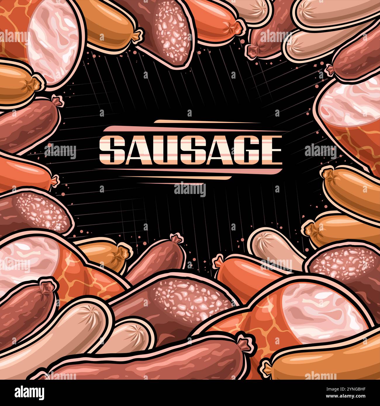 Disposition de saucisse vectorielle avec espace de copie vierge pour l'annonce, modèle décoratif avec beaucoup de composition de saucisse de cuisson assortie, placard carré avec groupe de c. Illustration de Vecteur
