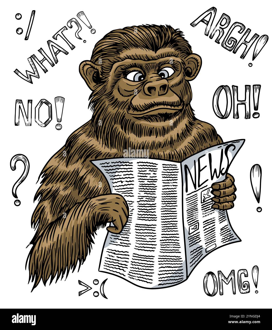 Illustration de dessin animé vectoriel dessinée à la main de singe drôle surpris de lire les nouvelles et des phrases de texte à la mode, des mots et des emoji isolés. Clip art, carte o Illustration de Vecteur