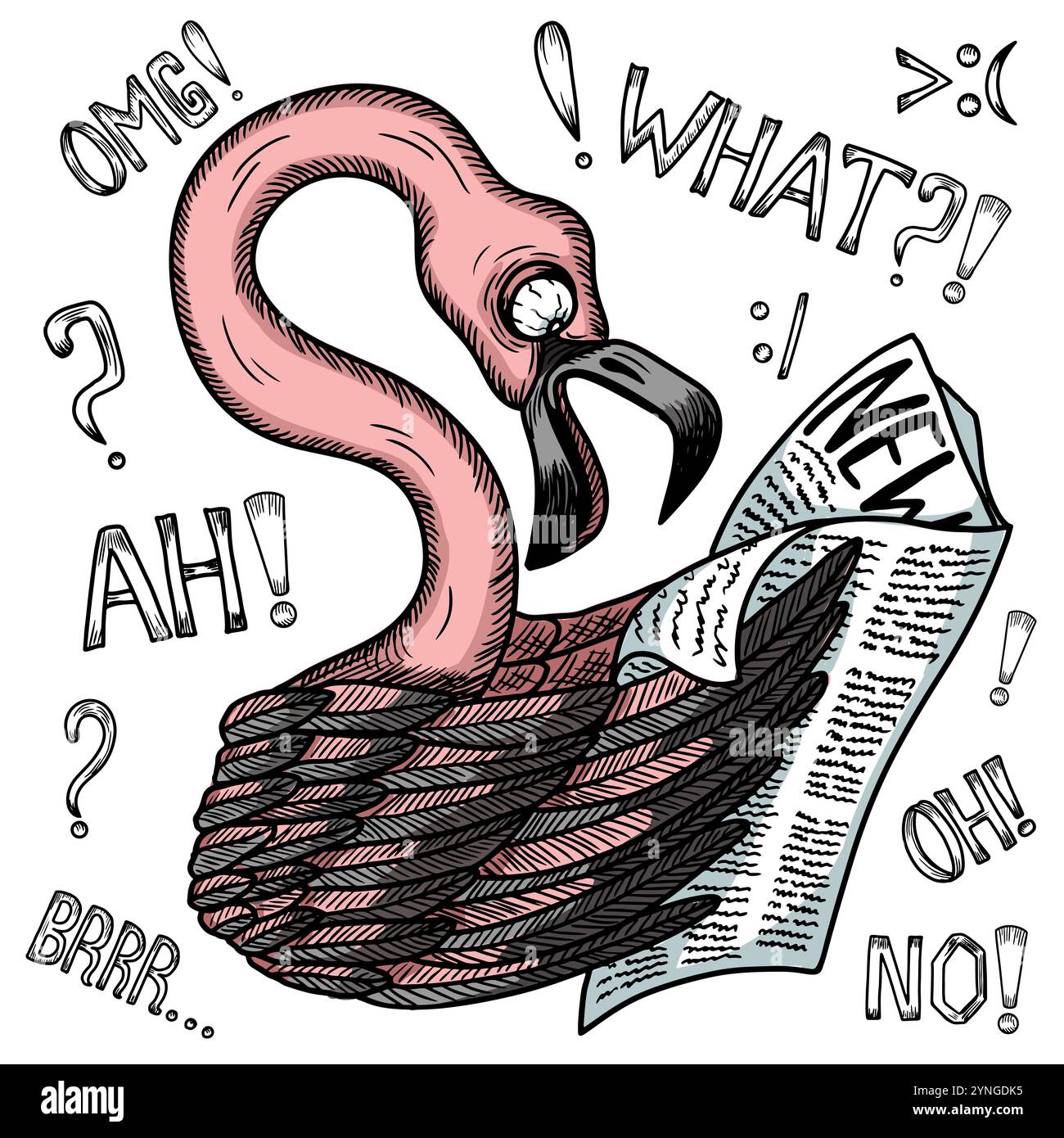 Illustration de dessin animé vectoriel dessinée à la main de flamant rose drôle surpris de lire les nouvelles et des phrases de texte à la mode, des mots et des emoji isolés. Clip art, carte Illustration de Vecteur