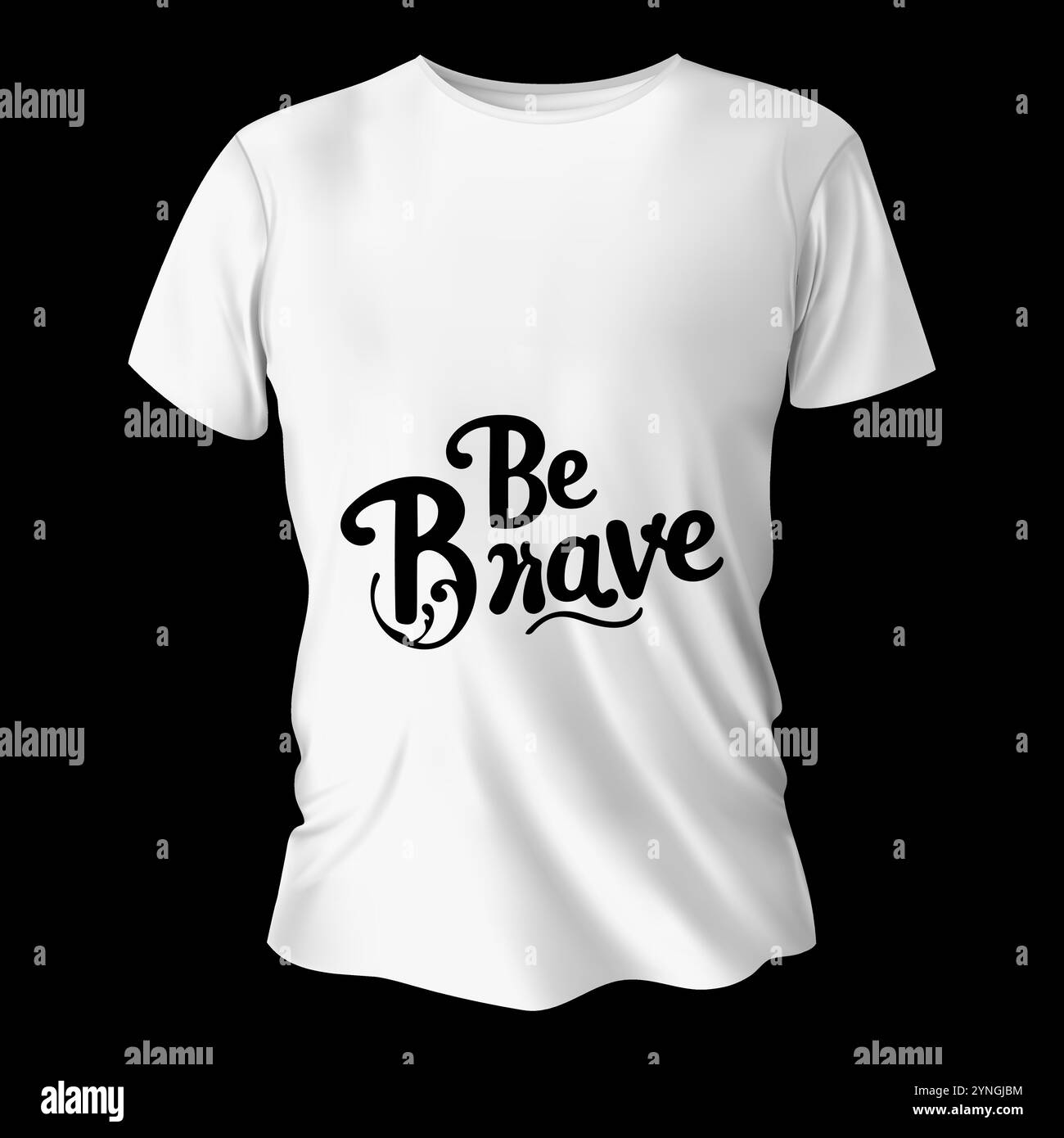T-shirt blanc élégant avec typographie motivante « Be Brave », parfait pour les passionnés de mode et les amateurs de vêtements motivants. Illustration de Vecteur