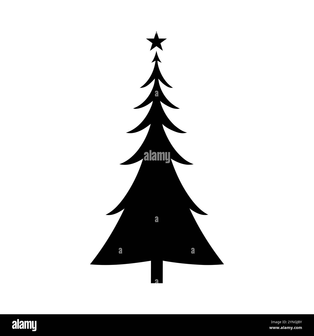 Silhouette noire élégante d'un sapin de Noël avec une étoile sur le dessus, parfaite pour les motifs et décorations sur le thème des fêtes. Illustration de Vecteur