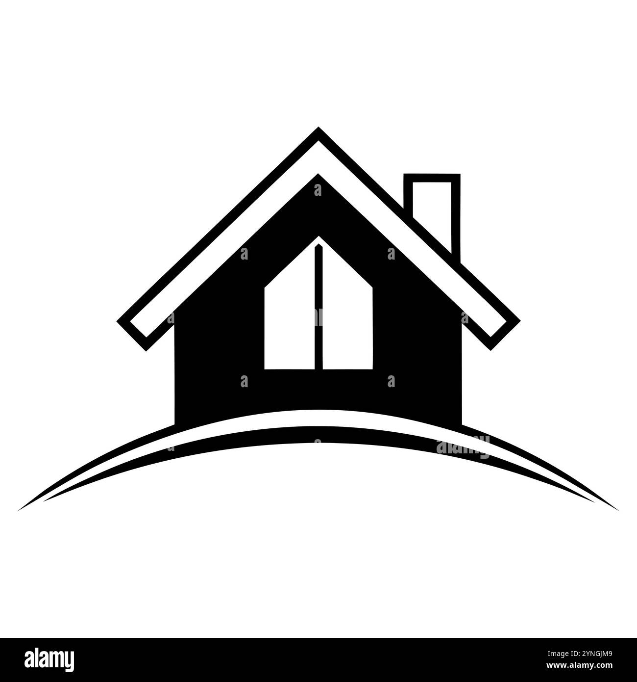 Icône minimaliste en noir et blanc d'une maison sur une colline courbe, symbolisant une maison, un abri ou un bien immobilier Illustration de Vecteur