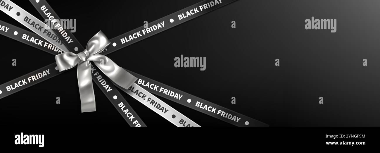 Rubans sombres décorés avec le texte Black Friday joint par un élégant noeud argenté au centre. Bande 3D réaliste avec signe de vente pour bannière de promotion saisonnière et annonce d'événements de shopping haut de gamme. Illustration de Vecteur