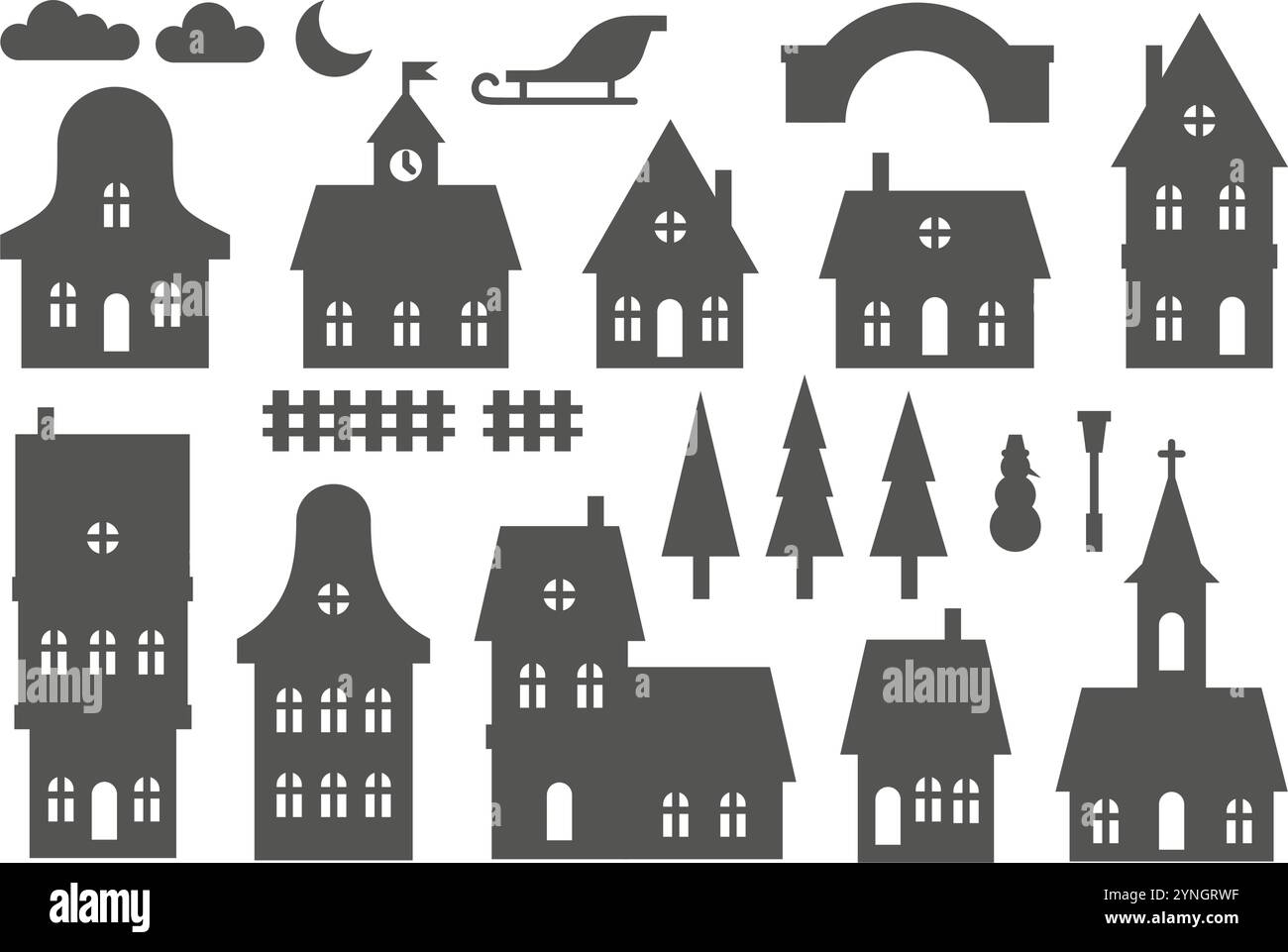 Silhouette de maisons. Maisons vectorielles de quartier placées sur fond blanc. Petits cottages de village noirs. Illustration rurale de Noël avec église et Illustration de Vecteur