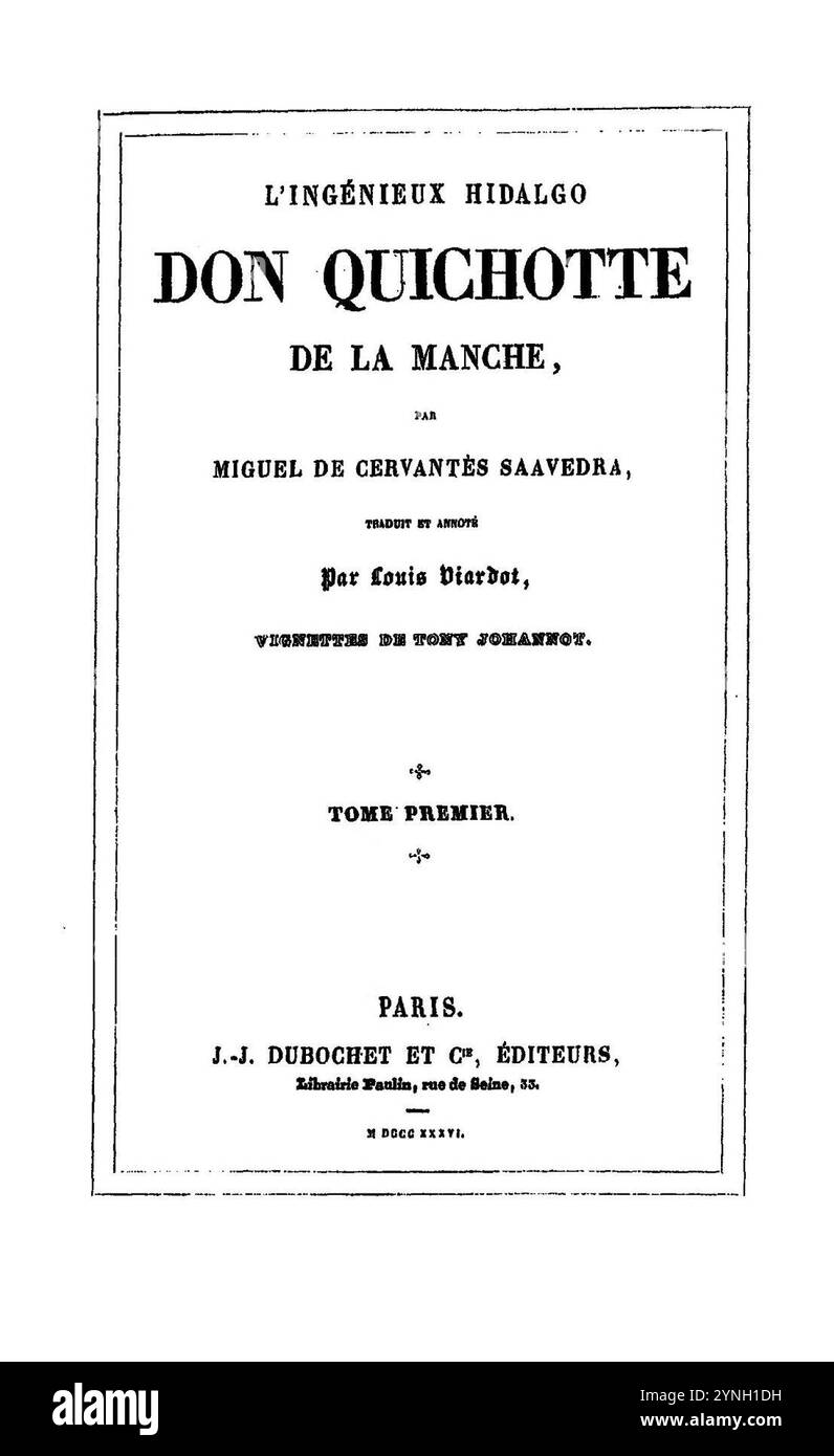 Cervantes - L’ingénieur Hidalgo Don Quichotte de la Manche, traduction Viardot, 1836, tome 1 (page 4 crop). Banque D'Images