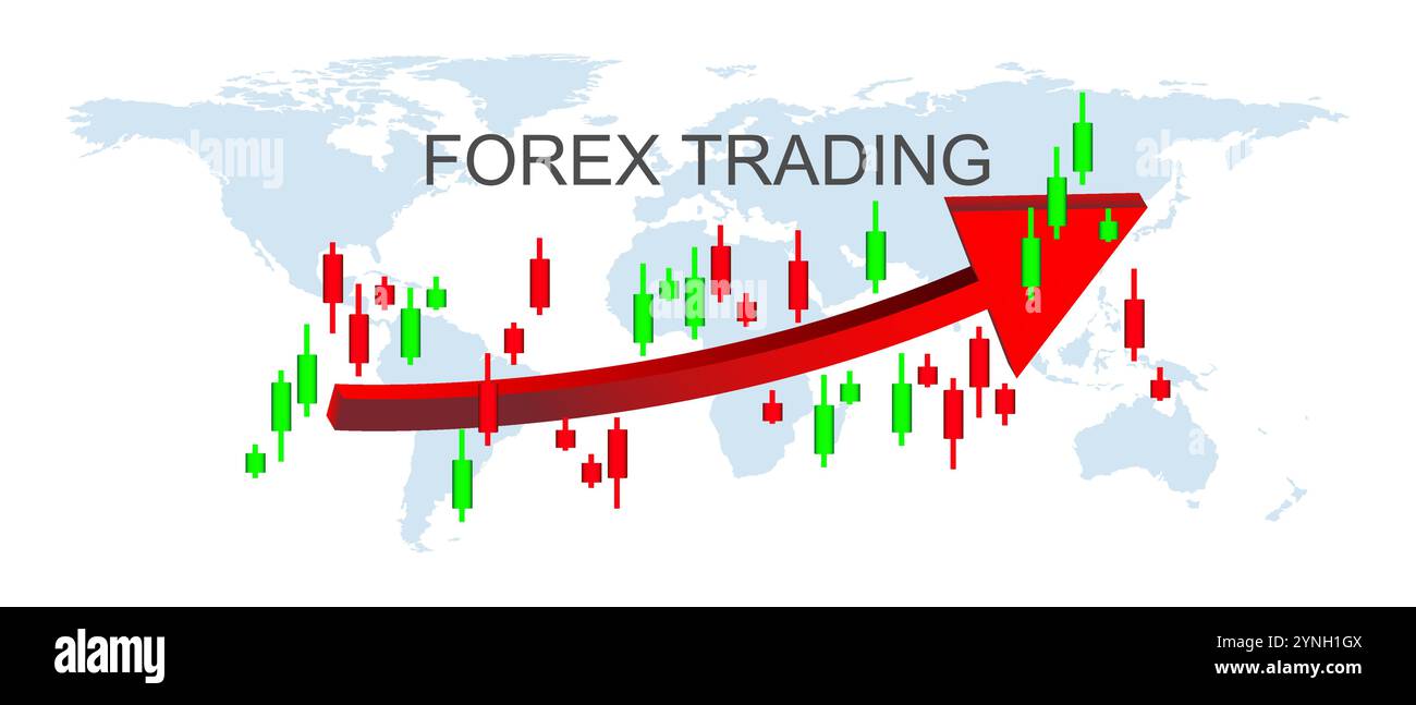 Concept de trading forex Une flèche rouge proéminente de tendance ascendante, signifiant la croissance et la rentabilité superposées sur la carte sont des chandeliers verts et rouges Illustration de Vecteur