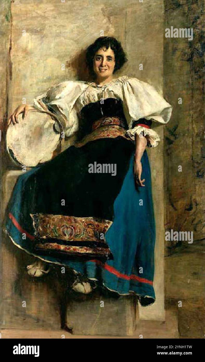 Cesare Tallone - Ritratto della sorella del pittore Giuseppina Tallone in Scribante in costume di Ciociara, Olio su Tela (1885-1887). Banque D'Images