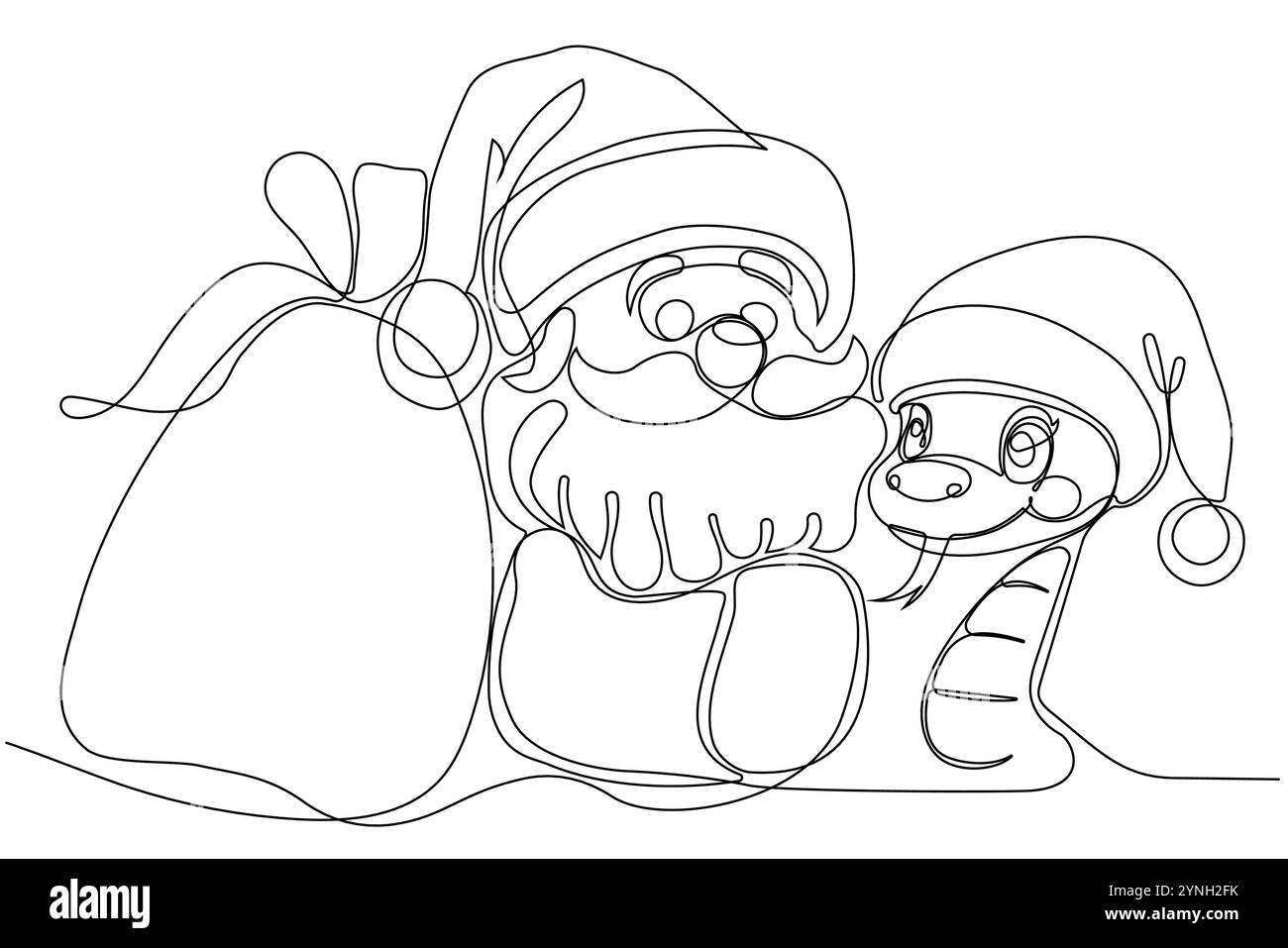 Joli dessin animé Père Noël et serpent vert se tiennent à côté des arbres d'hiver avec des cadeaux de Noël .. Dessin animé Père Noël avec serpent sur fond bleu. Illustration vectorielle Illustration de Vecteur