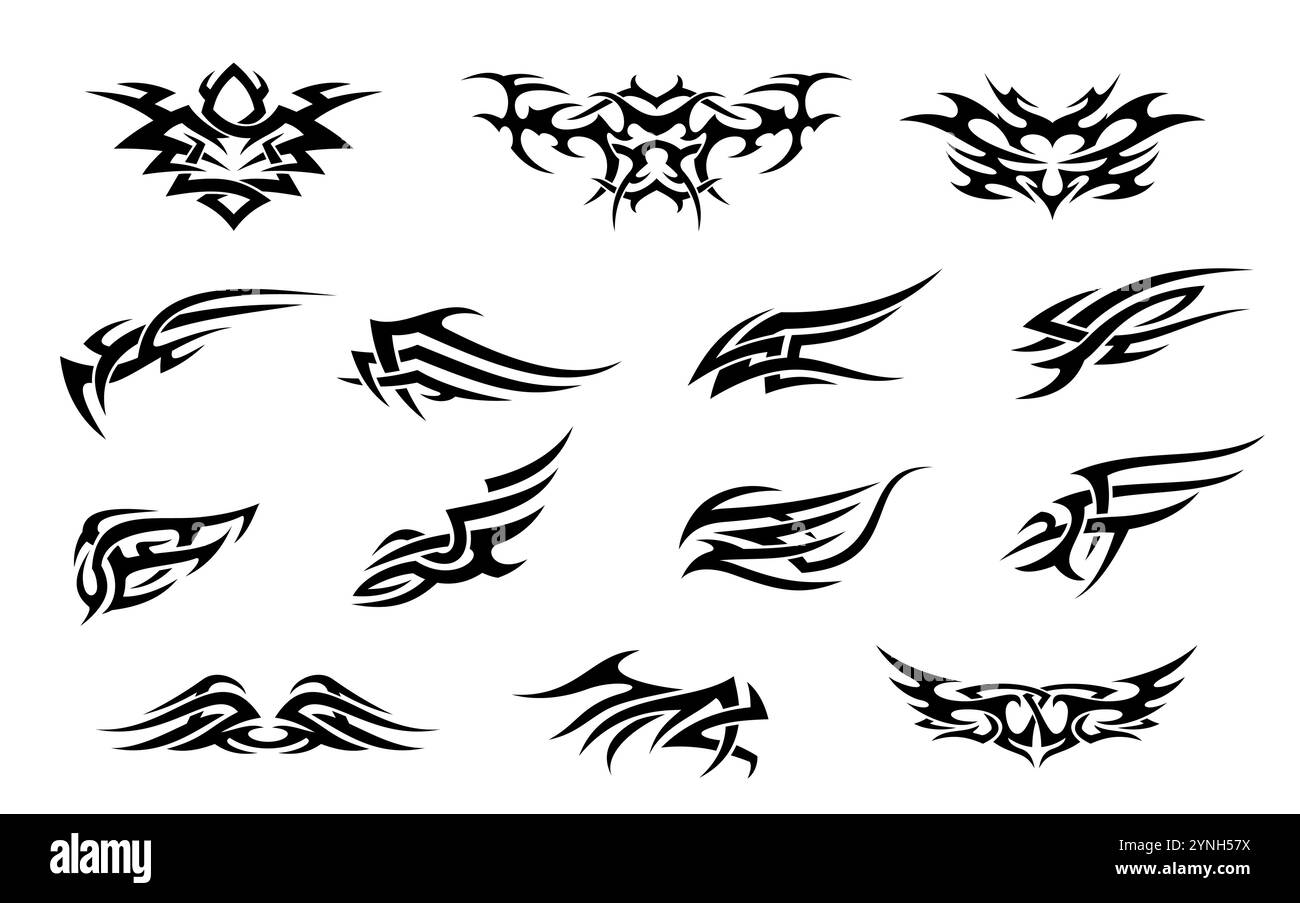 Ensemble de motifs de tatouage néo gothique tribal Y2K. Y2K néo gothique symbole vecteur de tatouage psychédélique, forme de flamme de métal lourd des années 2000. Ornement de motif abstrait EMO ou goth subculture, imprimé graphique tribal Illustration de Vecteur