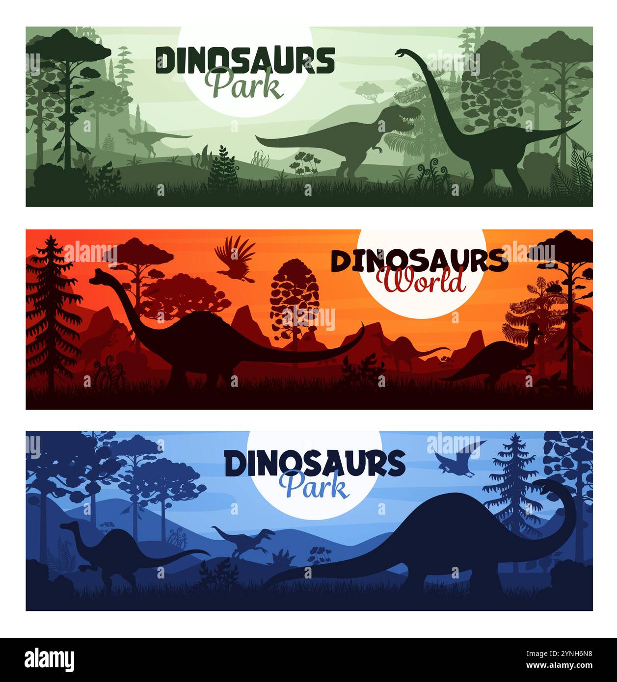 Silhouettes de dinosaures préhistoriques sur des bannières horizontales de l'ère jurassique, arrière-plans vectoriels. Parc d'aventure Dino World ou dinosaures ou bannières de musée avec T-rex et géants préhistoriques au coucher du soleil Illustration de Vecteur