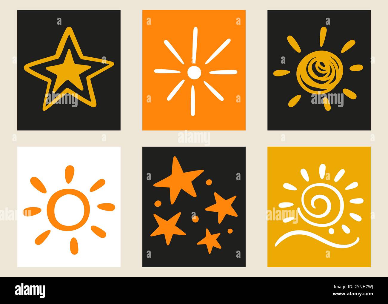 Scribble Sun Stars ensemble d'affiches Doodle dessinées à la main Illustration de Vecteur