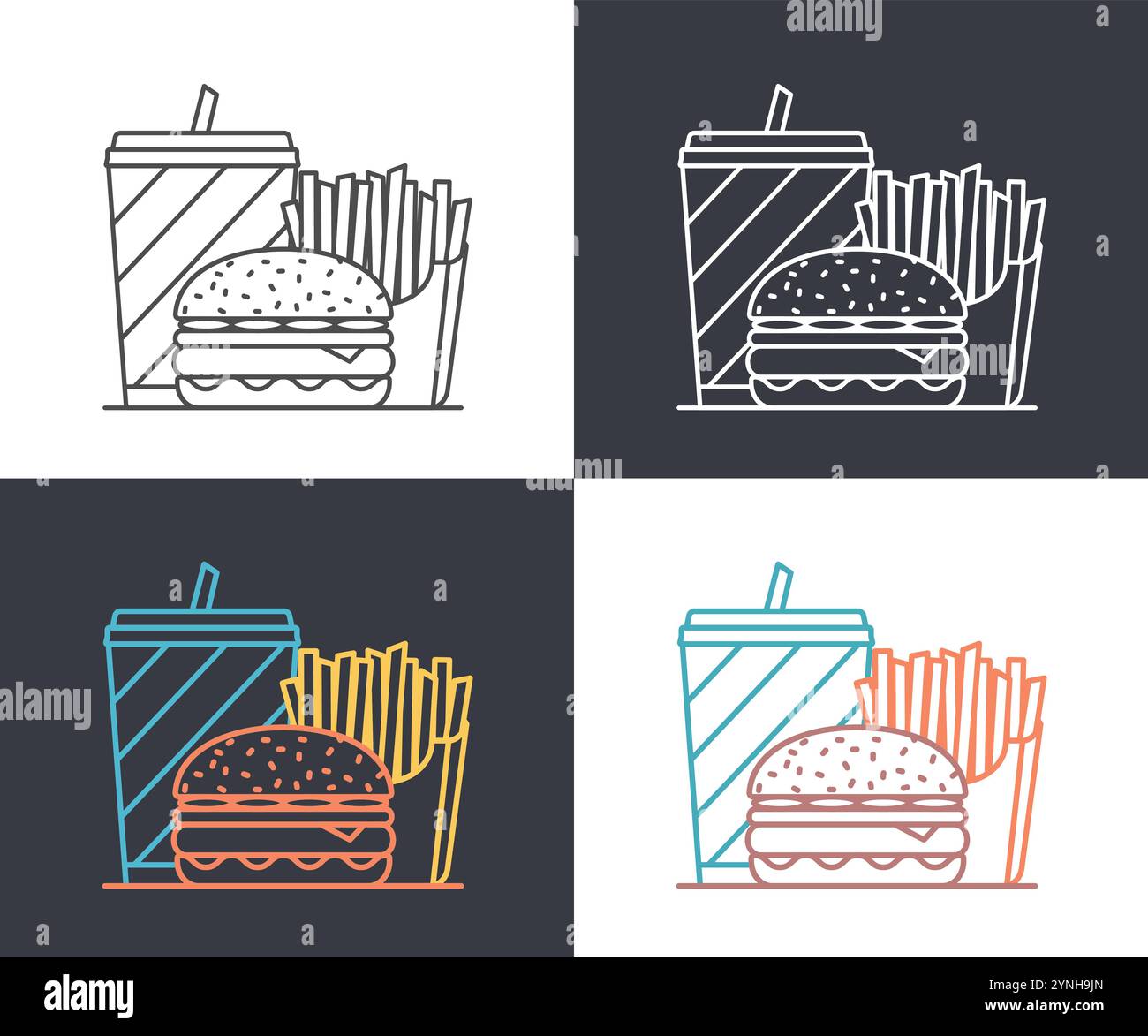 Icône de ligne de restauration rapide - boisson, frites et hamburger, icônes grises, colorées et blanches, illustration vectorielle eps10 Illustration de Vecteur
