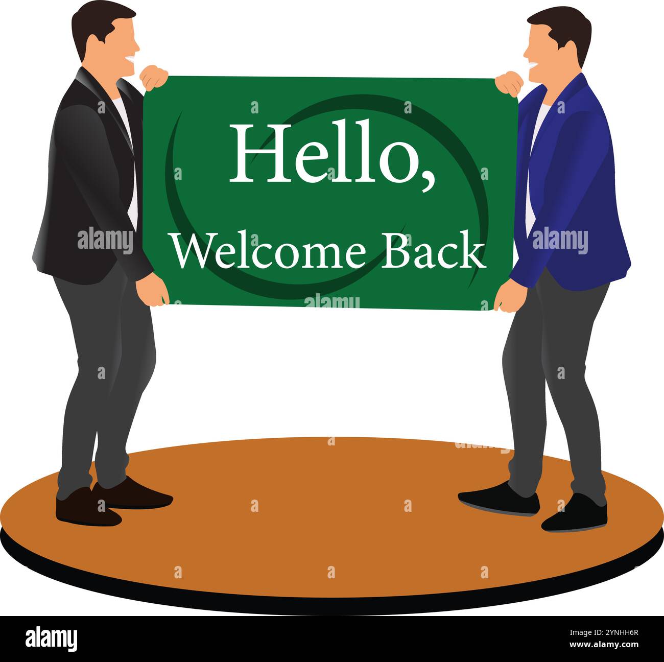 illustration de deux hommes debout sur une scène avec un signe qui dit bonjour bienvenue design vectoriel sur fond blanc Illustration de Vecteur